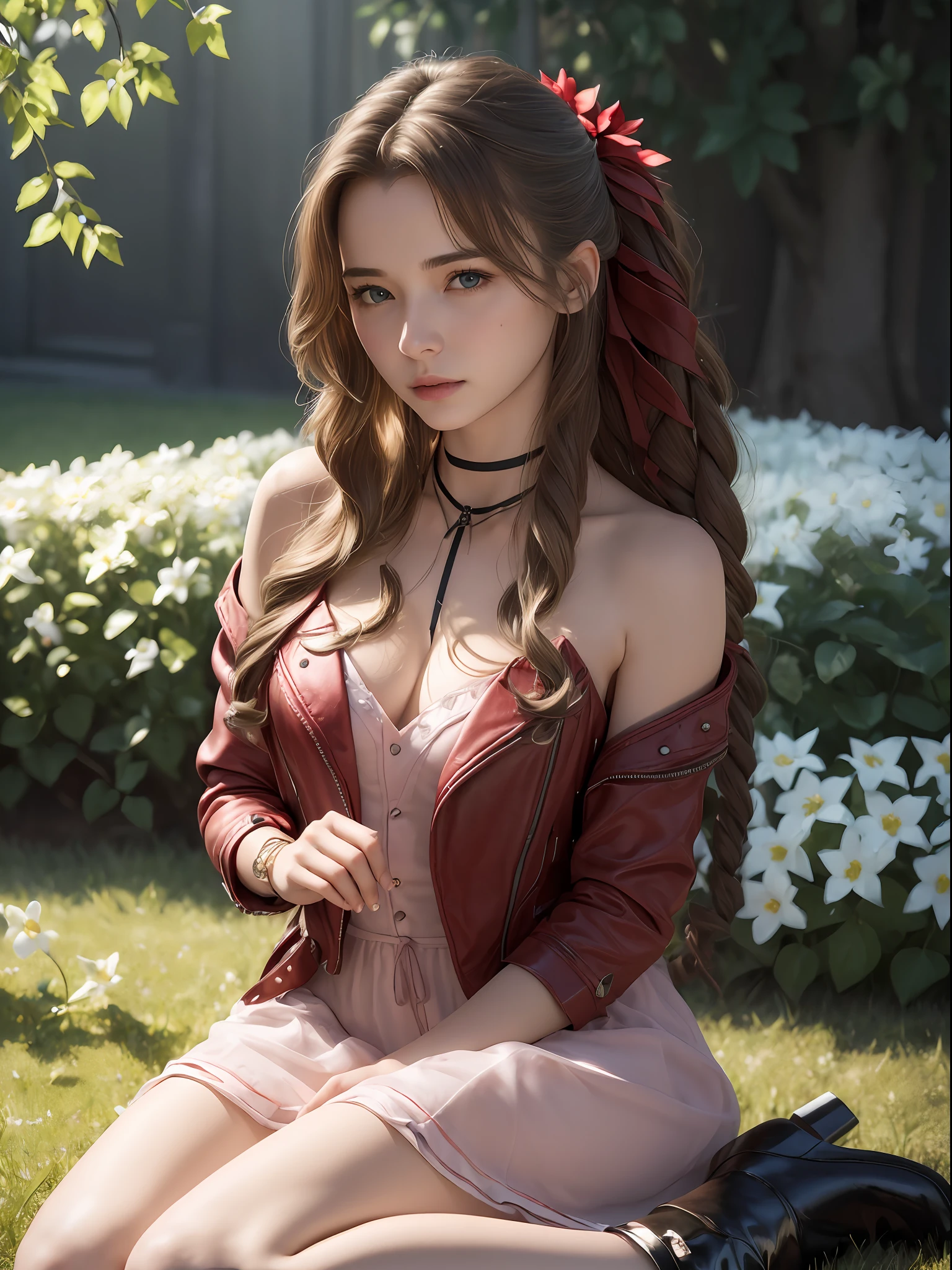 (masterpiece, best quality:1.4), (future days), (sit on the grass), (full of white flowers), (1girl), solo, (european youth:1), aerith gainsborough, choker, cropped jacket, hair bow, bracelet, pink dress, brown boots, very long hair, hair ribbons, hair flowers, strapless red dress, high heels hyperrealistic, high detailed skin, dslr, soft lighting, high quality, highly detailed face, highly detailed skin, skin pores, subsurface scattering, realistic pupils, medium breast, full face blush, full lips, detailed background, depth of field, volumetric lighting, sharp focus, absurdres, realistic proportions, good anatomy, (realistic, hyperrealistic:1.4), 16k hdr,