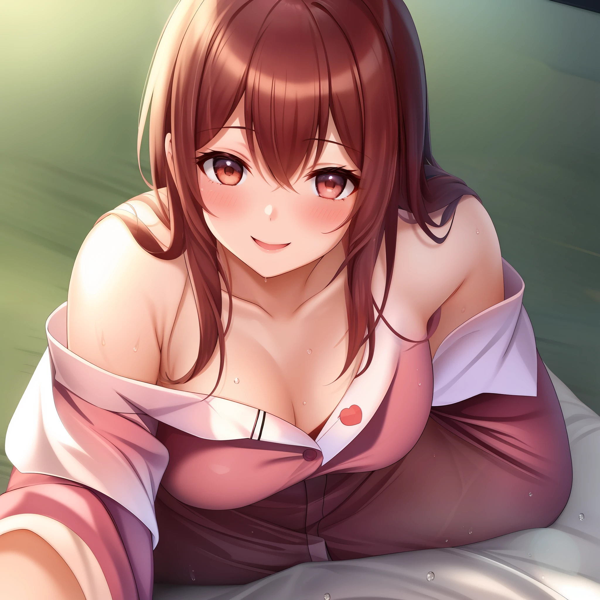 1girl, on top of the bed, pyjamas, having fun, ssmile, Be red in the face, pose, suns, looking at viewert,photorealestic,Pure desire,8K,Wet clothing,Reveal underwear,
