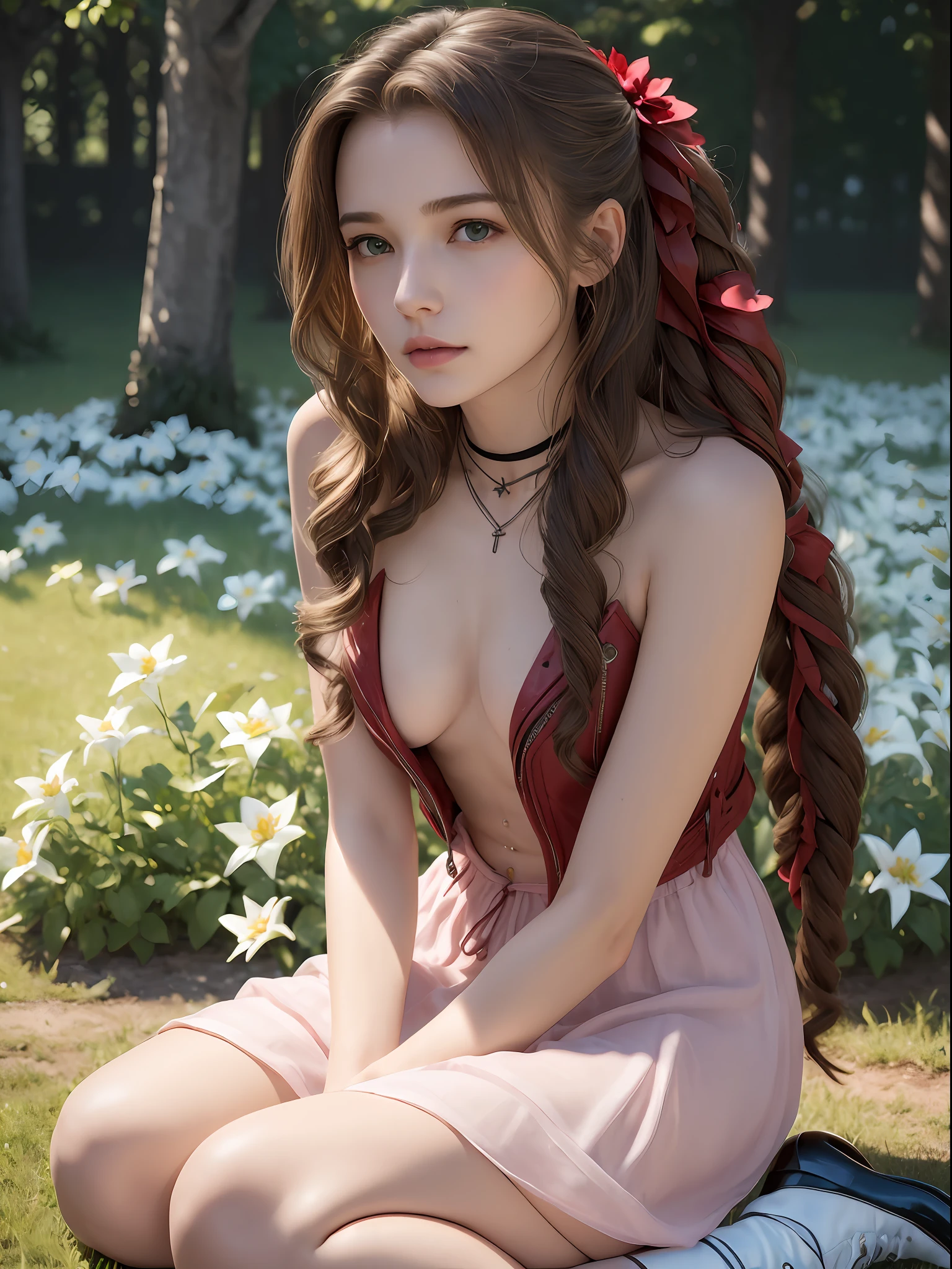 (masterpiece, best quality:1.4), (future days), (sit on the grass), (full of white flowers), (1girl), solo, (european youth:1), aerith gainsborough, choker, cropped jacket, hair bow, bracelet, pink dress, brown boots, very long hair, hair ribbons, hair flowers, strapless red dress, high heels hyperrealistic, high detailed skin, dslr, soft lighting, high quality, highly detailed face, highly detailed skin, skin pores, subsurface scattering, realistic pupils, medium breast, full face blush, full lips, detailed background, depth of field, volumetric lighting, sharp focus, absurdres, realistic proportions, good anatomy, (realistic, hyperrealistic:1.4), 16k hdr,