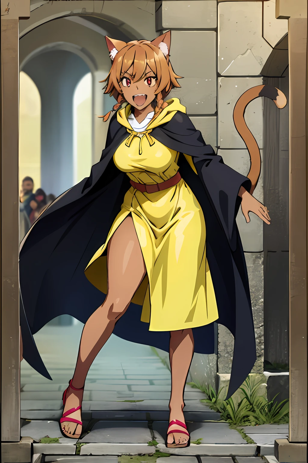 brown hair, dark-skinned female, yellow hood, twin braids, short hair, 1girl, cat ears, cat tail, medieval, fantasy clothes, tall female, red eyes, italy, open mouth, smile, age, medium breasts, sharp teeth, flip-flops, full body, solo focus, 1990s (style), twin braids, hooded cloak,