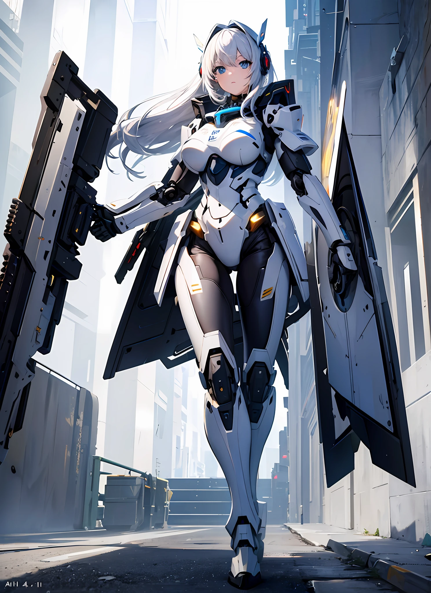Top quality, masterpiece, ultra-detailed, accurate depiction, highly detailed 8k wallpaper, (beautiful mechanical girl), solo, textured skin, mecha, unmanned, (full body), (white mech: 1.5), (axisymmetric: 1.4), (HDR), (movie light: 1.1), science fiction, (Holding a huge weapon: 1.5), holding an oversized shield,