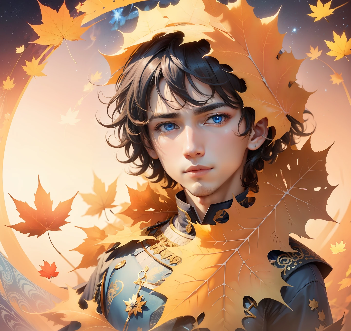 Cute blue eyes,A maple leaf-shaped brooch is pinned to his chest。