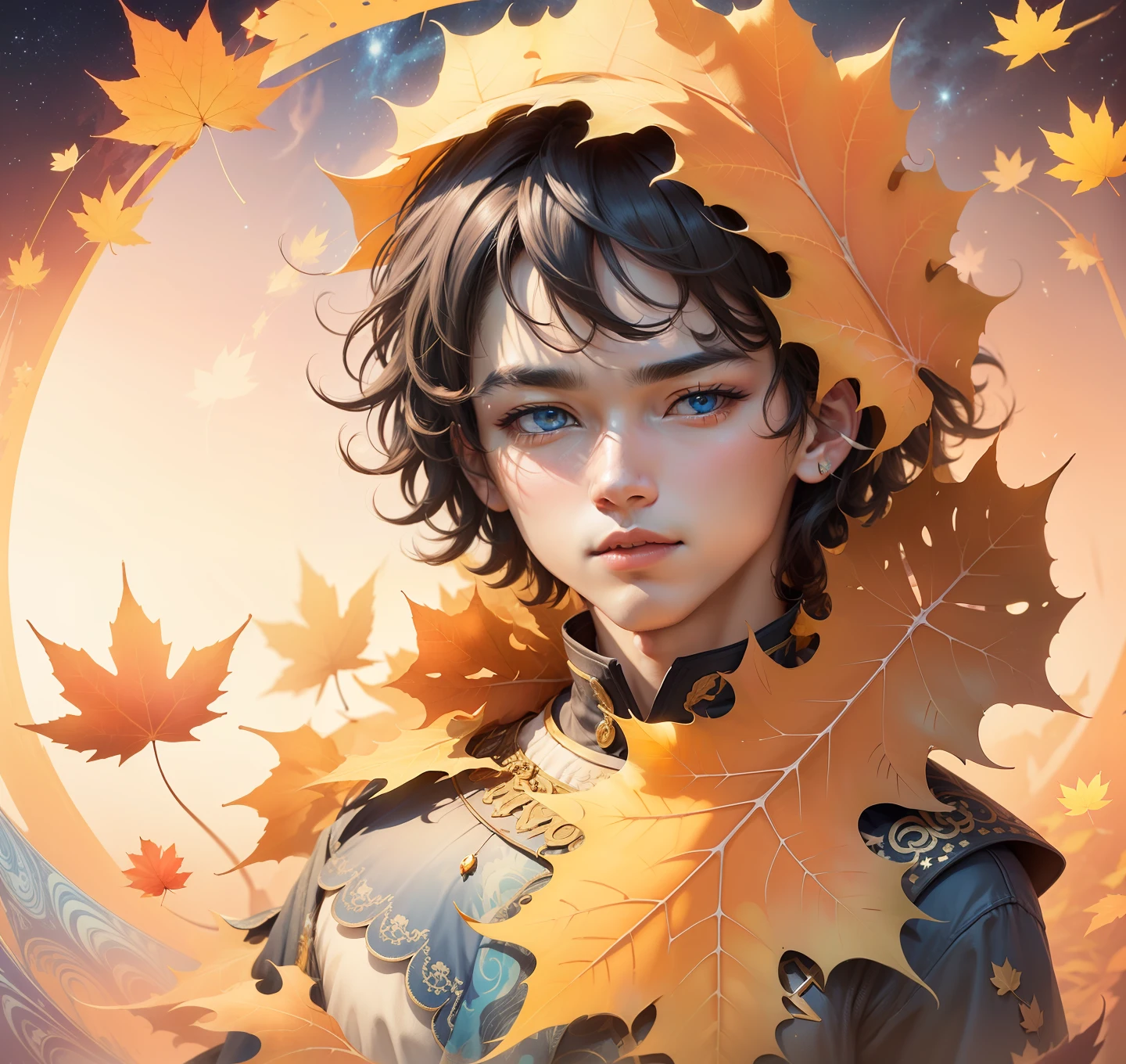 Cute blue eyes,A maple leaf-shaped brooch is pinned to his chest。