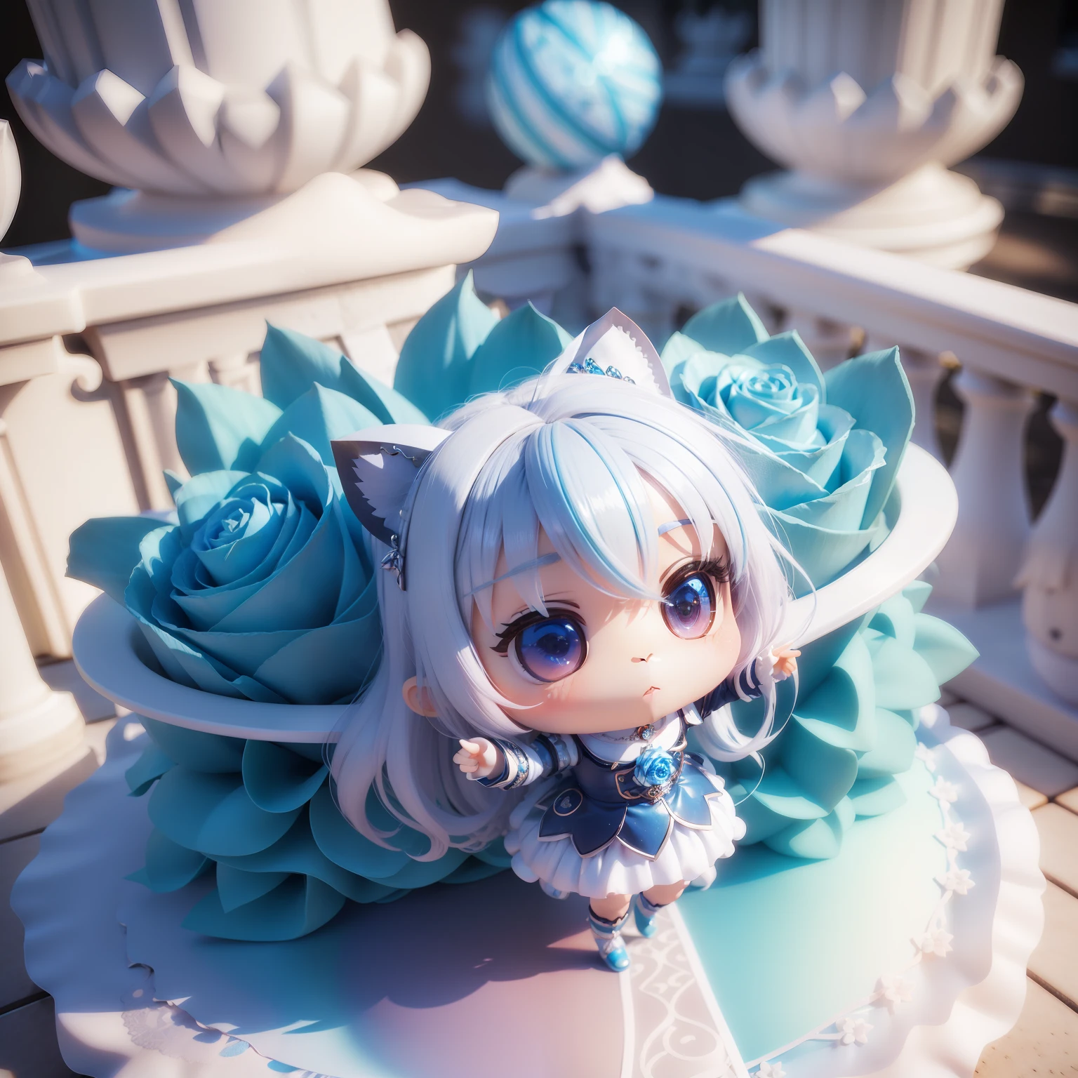 (((chibi3d)))cute and beautiful chibi anime,blue Rose of hair accessory,white and ice blue of summer dress,Inglez, Buckingham Palace,ball,enjoy dancing
