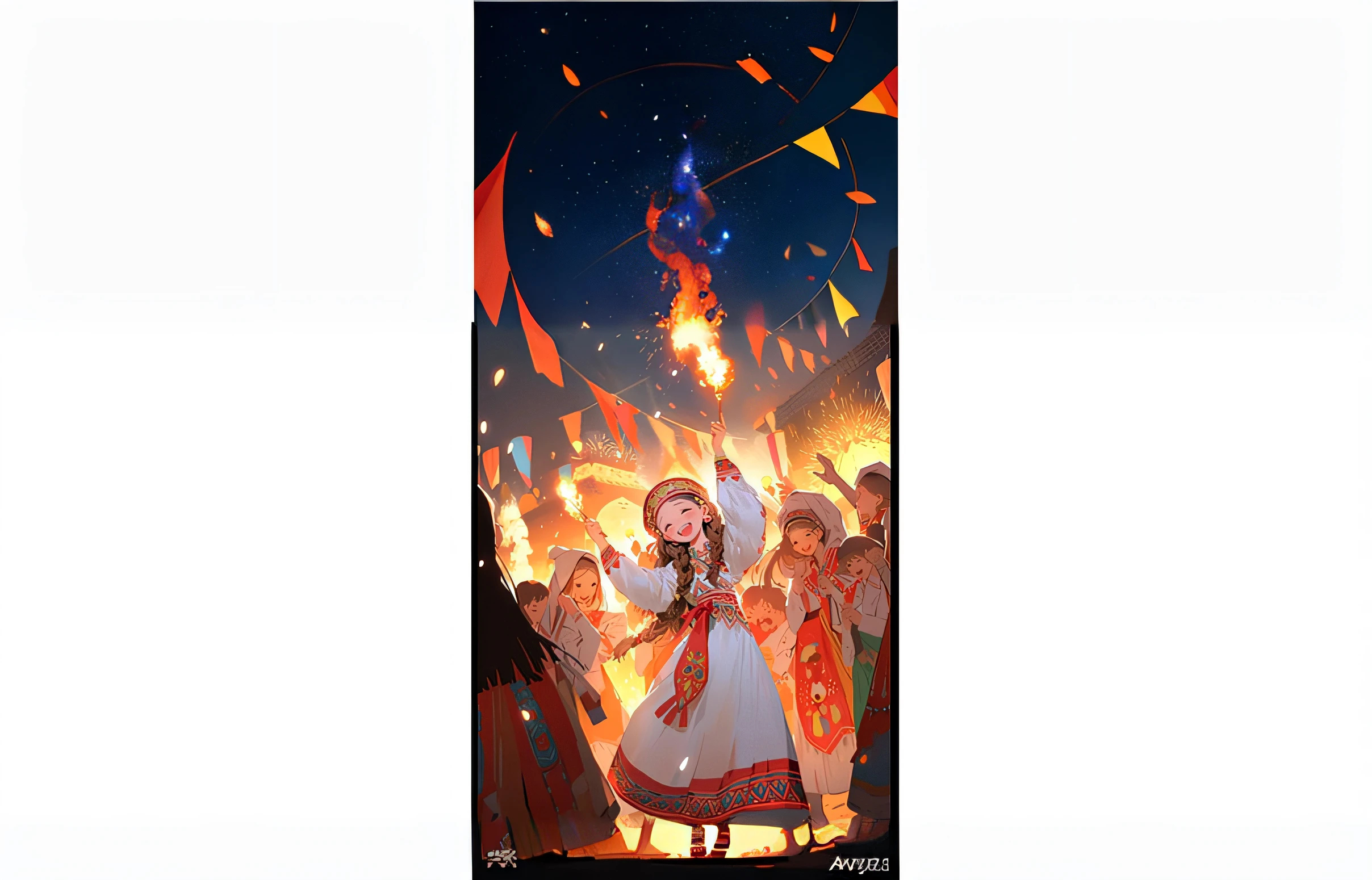 There was a woman standing in front of the fire，Holding the flag of, Guviz, Official artwork, Artgerm and Atey Ghailan, Kawasi, Guviz-style artwork, holy fire spell art, full art, slavic folk fairytale, offcial art, From Arknights, summer festival night, collectible card art, surrounded with fire