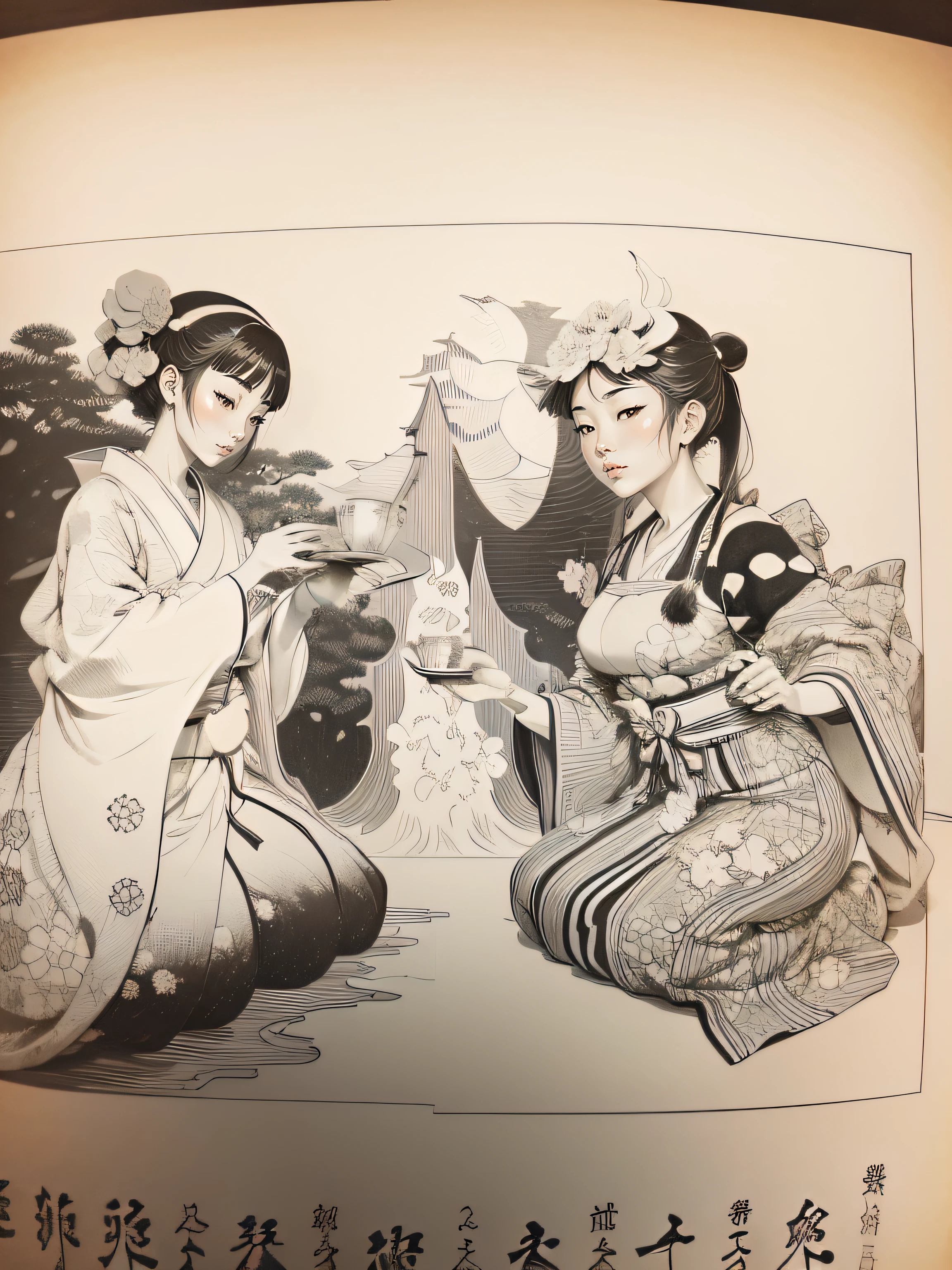 ukiyoe style,yoshitosi tukioka,((masterpiece)),beautiful face,japanise tea