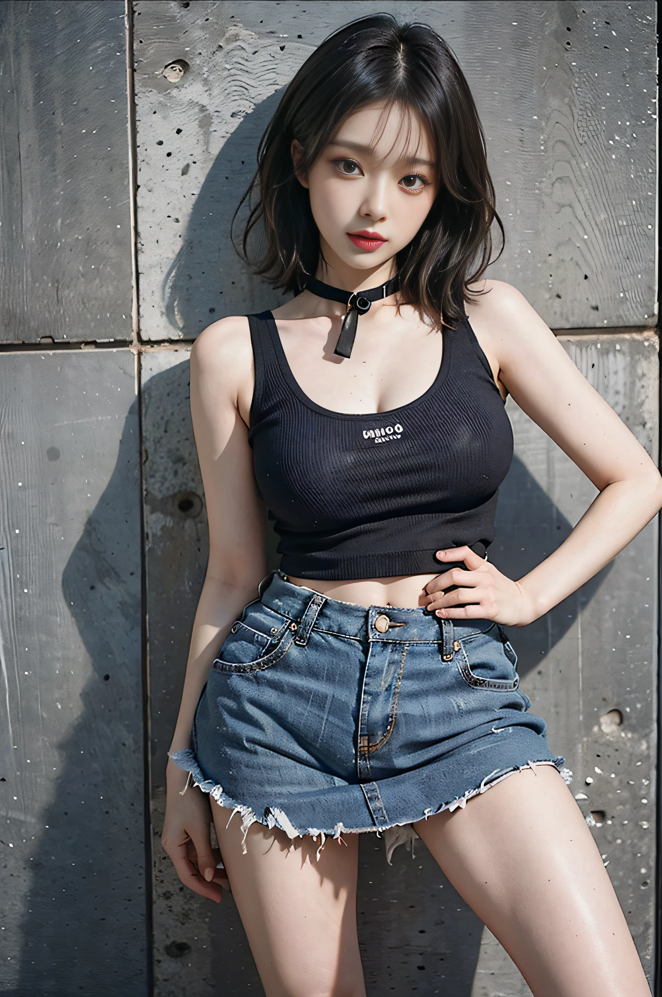 Top image quality、Raw photography、超A high resolution、Cute girl at 18 years old、Shooting for one person only、big round chest、cleavage of the breast、Patterned tank top、Skirt、Shiny hair、Beautiful Eyes of Details、very elongated eyes、Beautiful eyelashes、Beautiful double eyelids、Beautiful legs、eyeshadows、耳Nipple Ring、Posing like a fashion model、Wear clothes of famous designers
