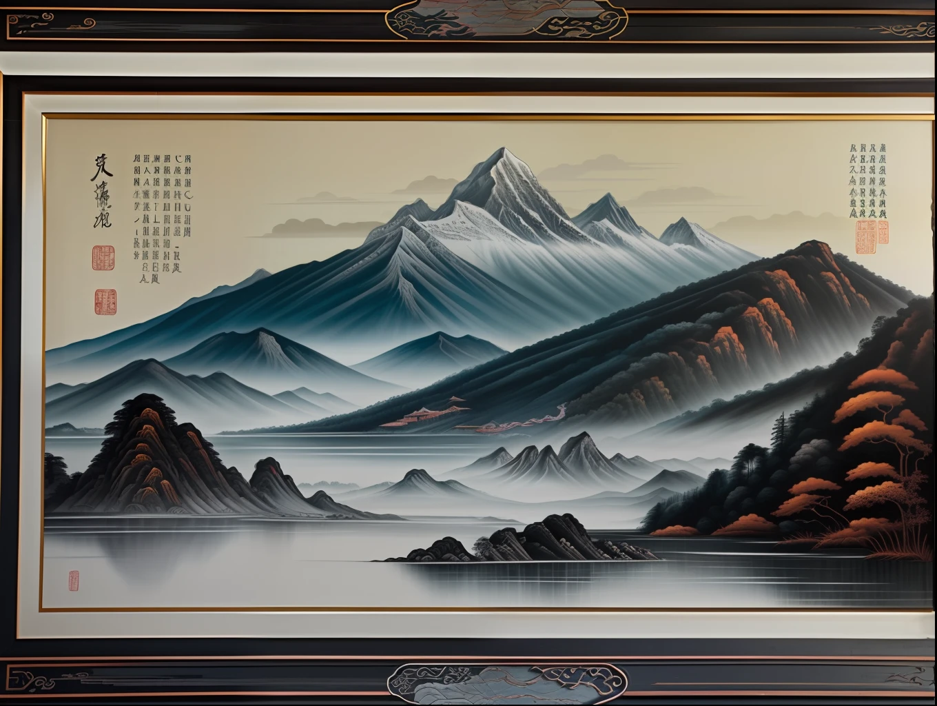 "An enchanting black and white ancient mural showcasing a harmonious tale of nature, mountain, and humanity, beautifully carved on a fragile and partly broken Chinese-style wall."