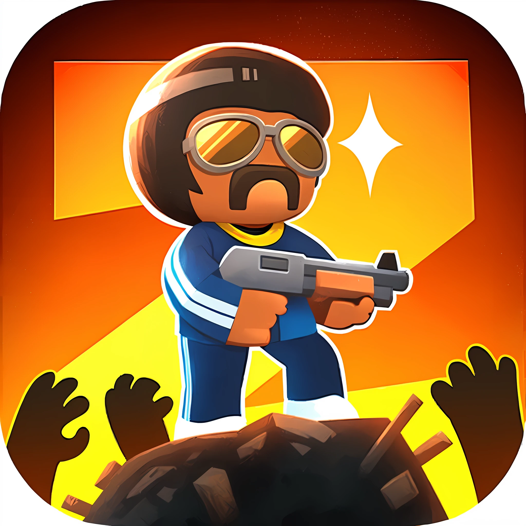 Cartoon man standing on a hill with gun and goggles, very stylized, Zombies Attack, brawl stars, 3 d icon for mobile game, Game icon, 2D, 2 d, 2 d game, game icon stylized, action game, thanks, 3rd person shooter, newgrounds, massacre, (Art Station), fps shooter game, Awesome, Ranger