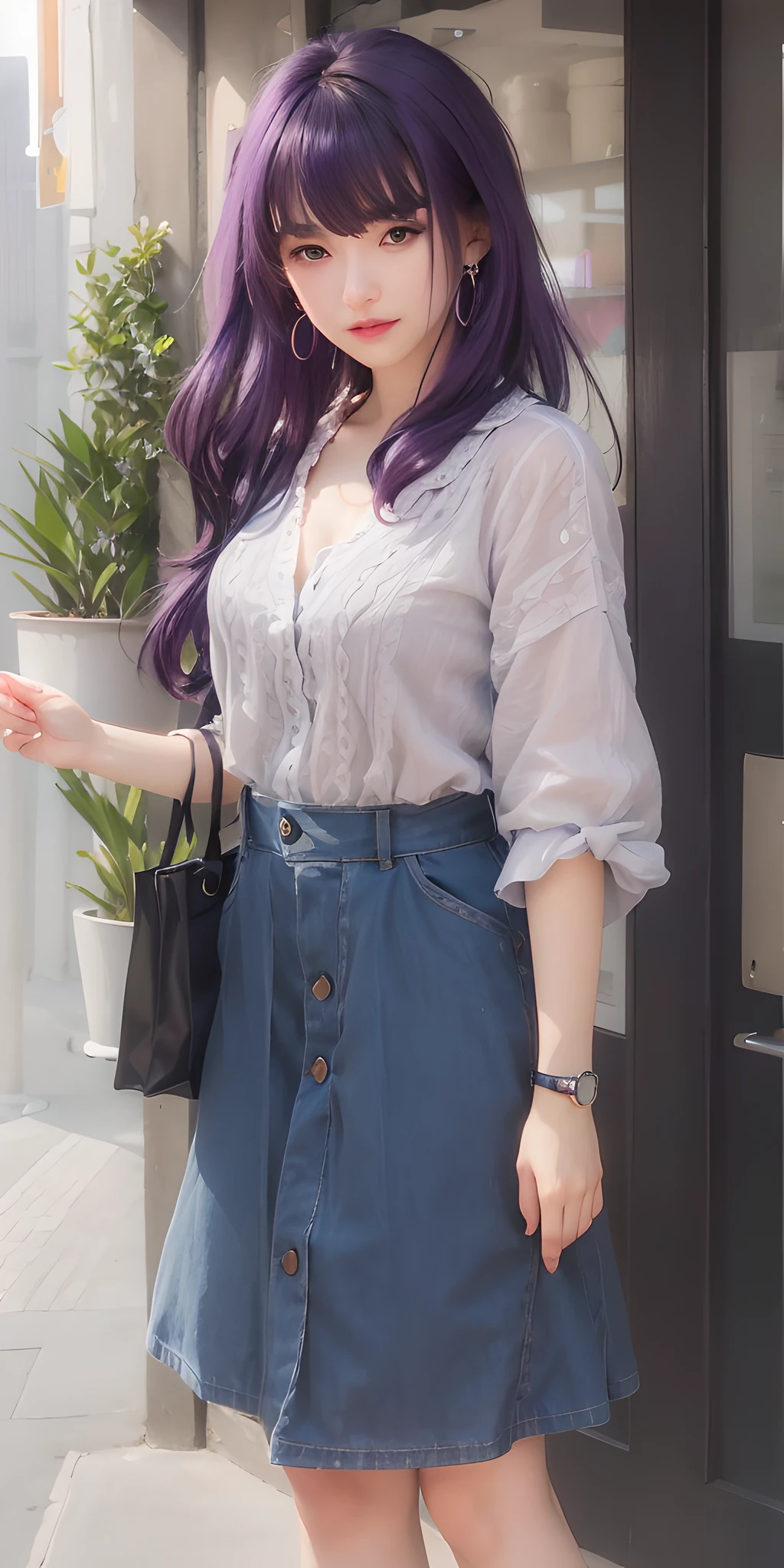 (photorealistic:1.4), best quality, masterpiece, ultra high res, 1girl, (detailed face:1.2), (detailed eyes:1.2), (detailed hair:1.2), (detailed clothes:1.2), 4k, (detailed color:1.2), (purple hair:1.2), earrings,