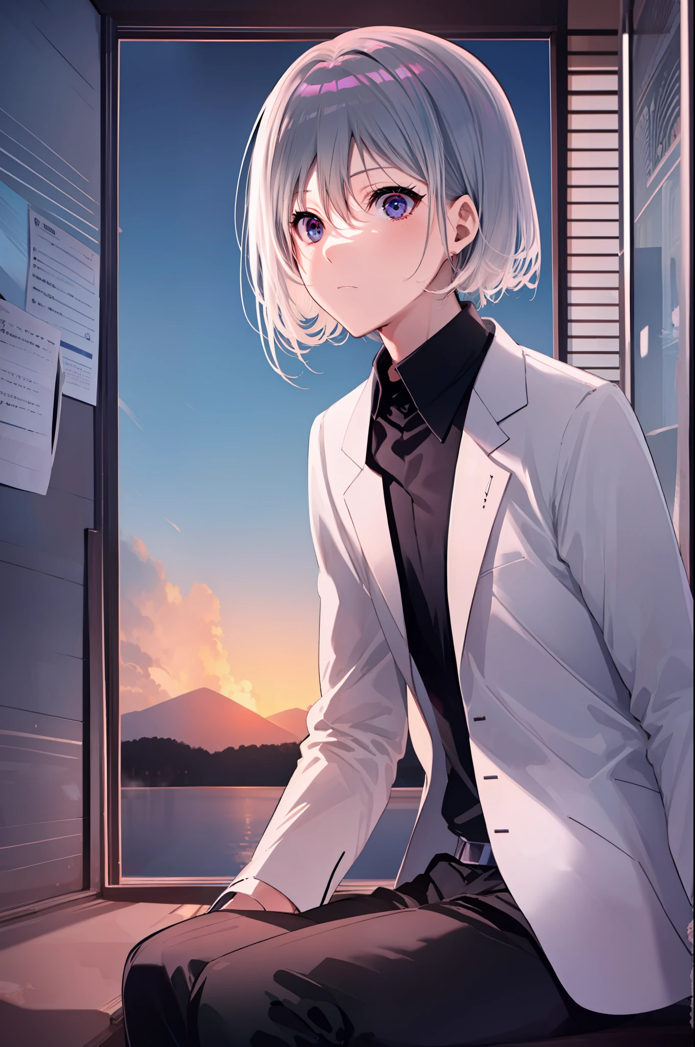 ((obra-prima)), ((melhor qualidade)), highres, There is only one person, 1boy, kiyotaka ayanokouji, 1garoto adolescente de 15 anos, school uniform white shirt black jacket open jacket black tie long black pants seated, olhos vermelhos, cabelo curto preto, corpo completo anatomicamente correto, has a necklace of Jesus around his neck, pernas normais, utiliza sapatos pretos, ((He has a scared face and confusion)), ((escenario completo detallado)), ((misterio)), ((terror)), ((ambiente tenso)), postura equilibrada, blush sutil, pingente de cristal BREAK hora dourada, (Rim lighting): 1.2, tons quentes, reflexo do sol, sombras suaves, cores vibrantes, painterly effect, dreamy atmosphere BREAK scenic lake, montanhas distantes, salgueiro, calm water, reflection, nuvens iluminadas pelo sol, ambiente tranquilo, idyllic sunset, ultra detalhado, arte oficial, papel de parede 8k da unidade, zentangle, mandala