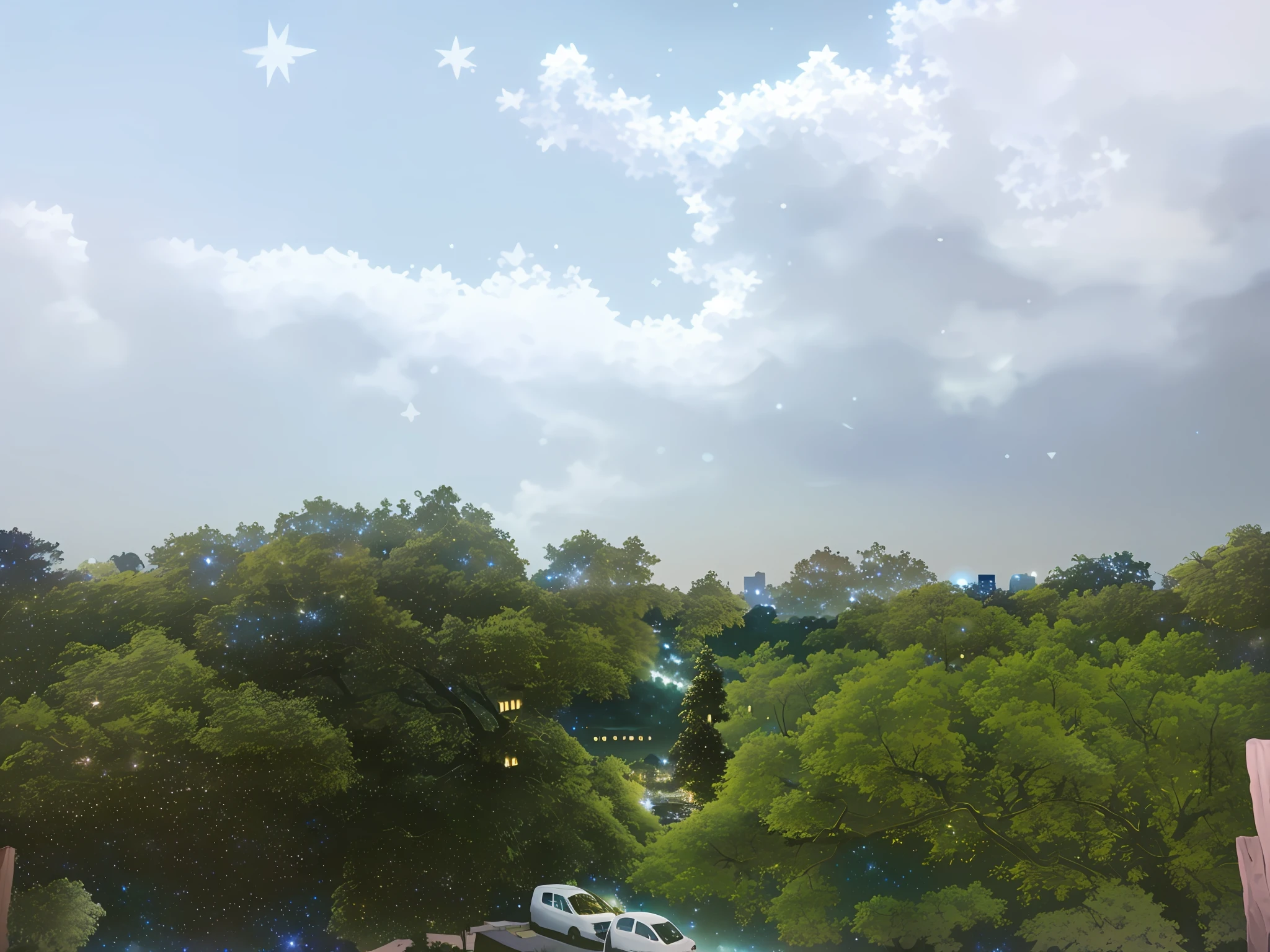 "Scenic night sky with stars, featuring a solitary figure sitting under a tree, surrounded by cityscape silhouettes and a mesmerizing view of the Milky Way."