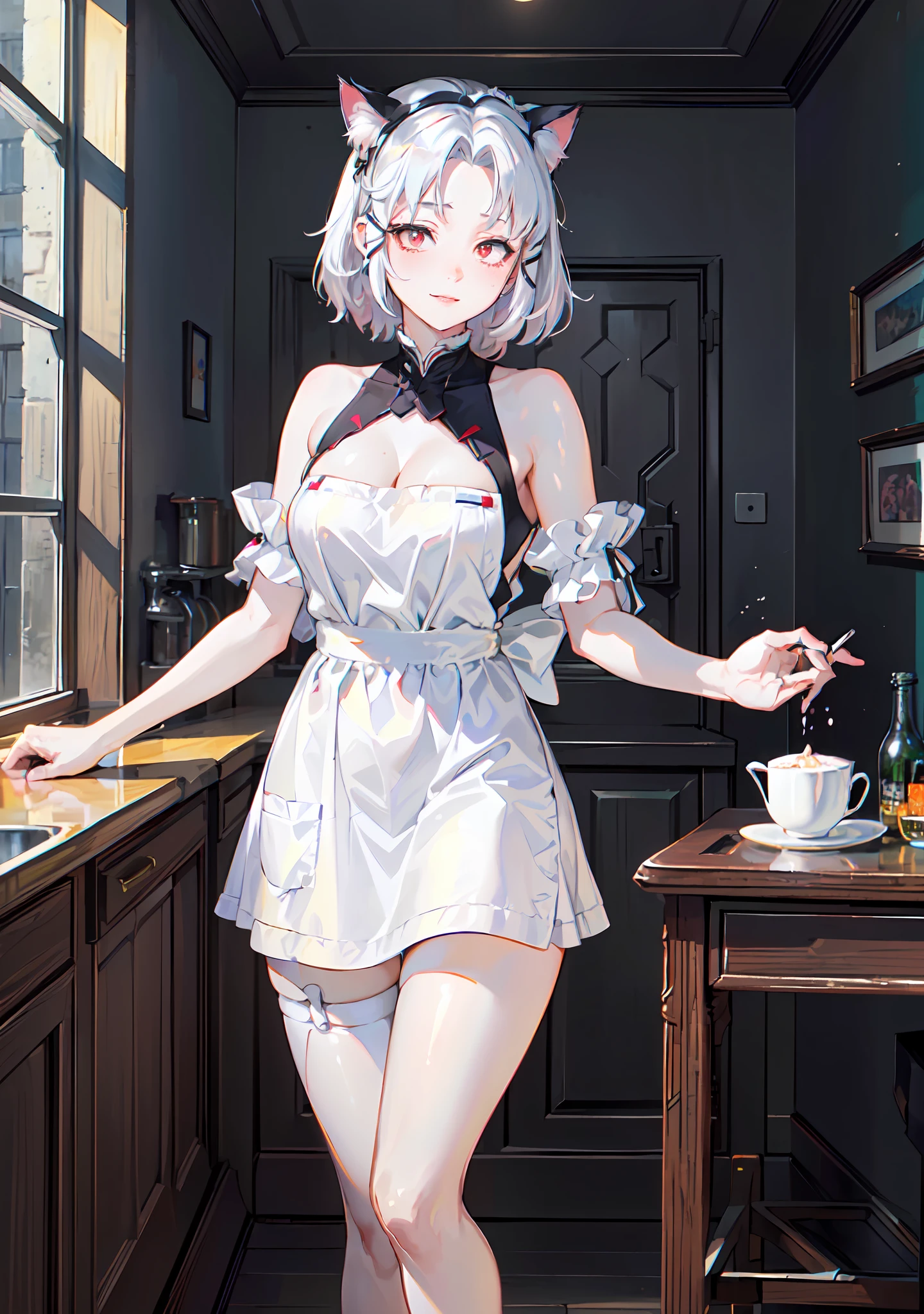 ((((masterpiece, best quality, high resolution)))), 1girl, white hair, red eyes, short wavy hair, average breasts, blush, light smile, parted lips, glow, thighs, bare shoulders, collarbone, narrow waist, cleavage, (beautiful detailed face, beautiful detailed eyes), long slender thighs, perfect eyes, (cat ears, maid outfit, maid apron)