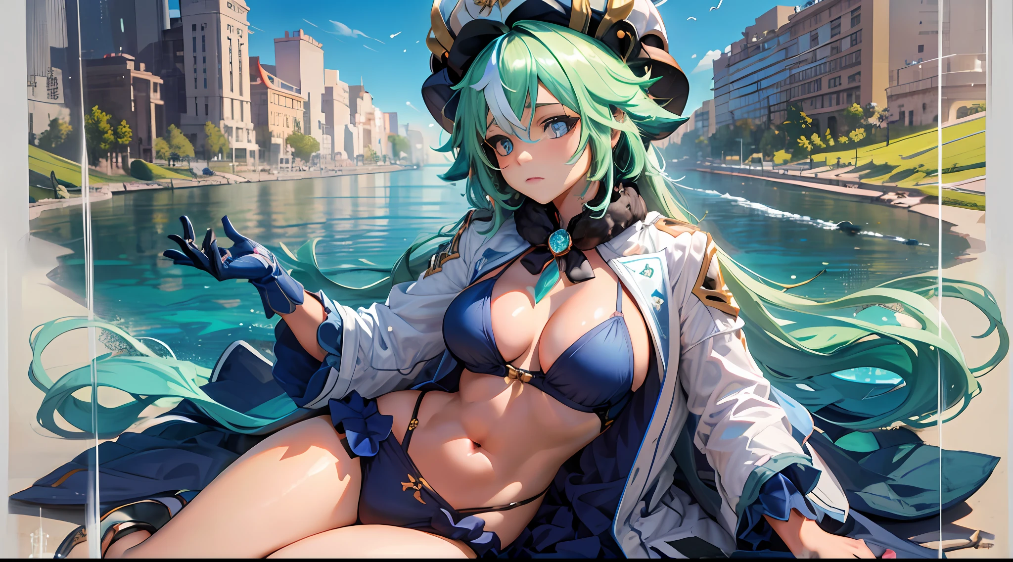 Sucrose \(genshin impact\), Iwhole body, (NSTDA.:1.2), (10, beste-Qualit, master-piece: 1.4), ultra-high resolution, (lifelike, photorealistic portrait: 1.48), 20 age, Cute Girl, (Look neatly through the bikini:1.11), Famous Japanese actors, Beautiful breasts, Blue Eyes, Head tilt, cowboy shot, from the side, looking at the audience, expressionless, Beautiful lake, Zeiss 150mm F/ 2.8 Hasselblad, Whole body, foot, Ultra-Wide Angle