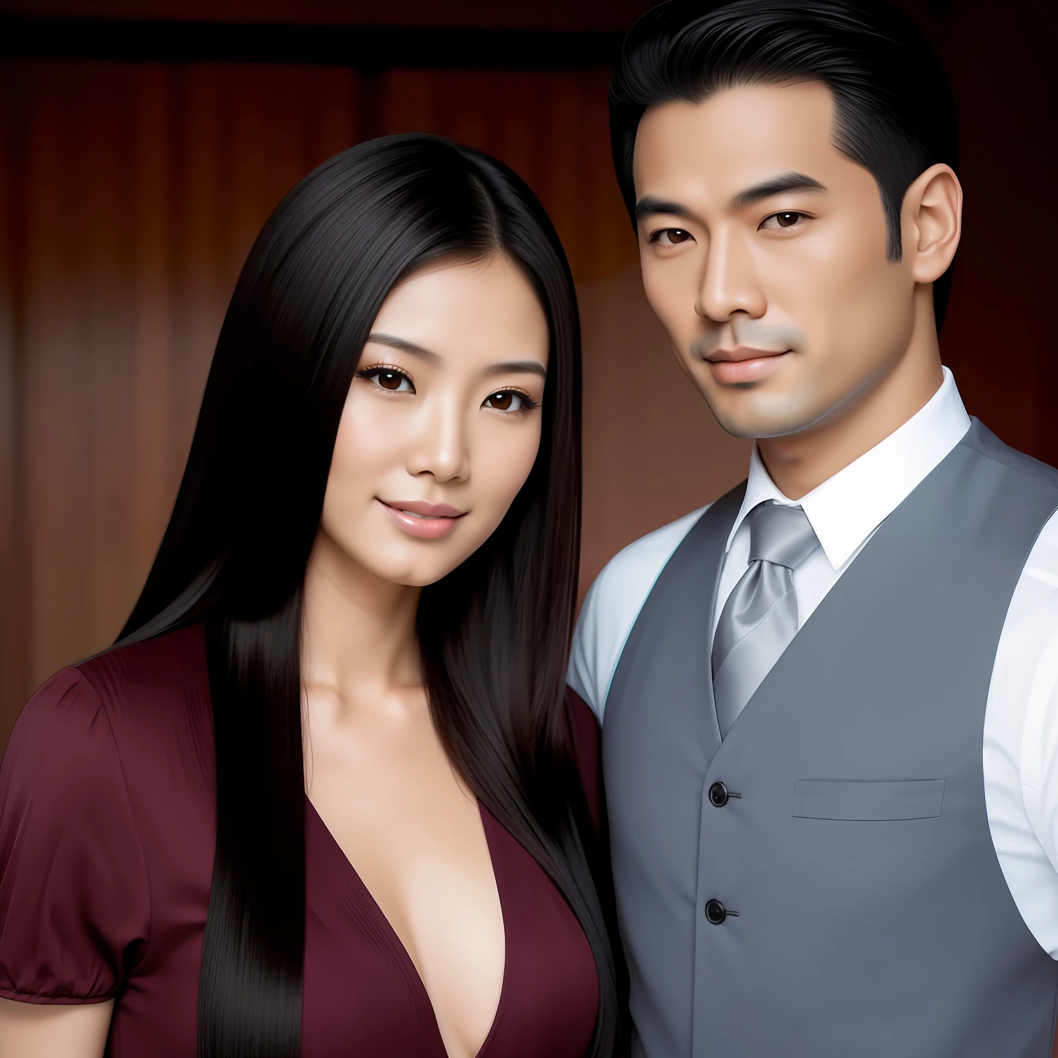 Casal reto pousando para foto, Asian woman with long dark hair , Asian man with short dark hair, detailed jaw