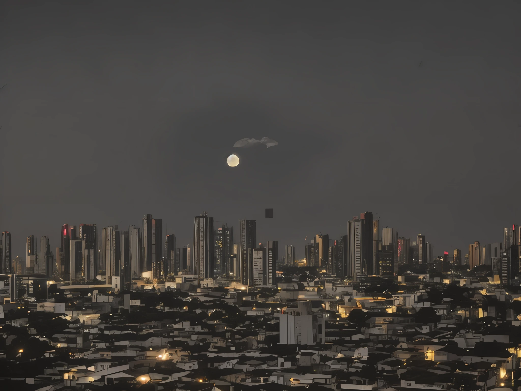 Arafed view of a city at night with a full moon, the moon is big and in the city, futuristic sao paulo, pairando sobre uma cidade, by Amelia Peláez, Directed by: Fernando Gerassi, sao paulo in the year 2 0 7 0, Directed by: Luis Miranda, São Paulo, Cidade em segundo plano, ☁🌪🌙👩🏾, city at night