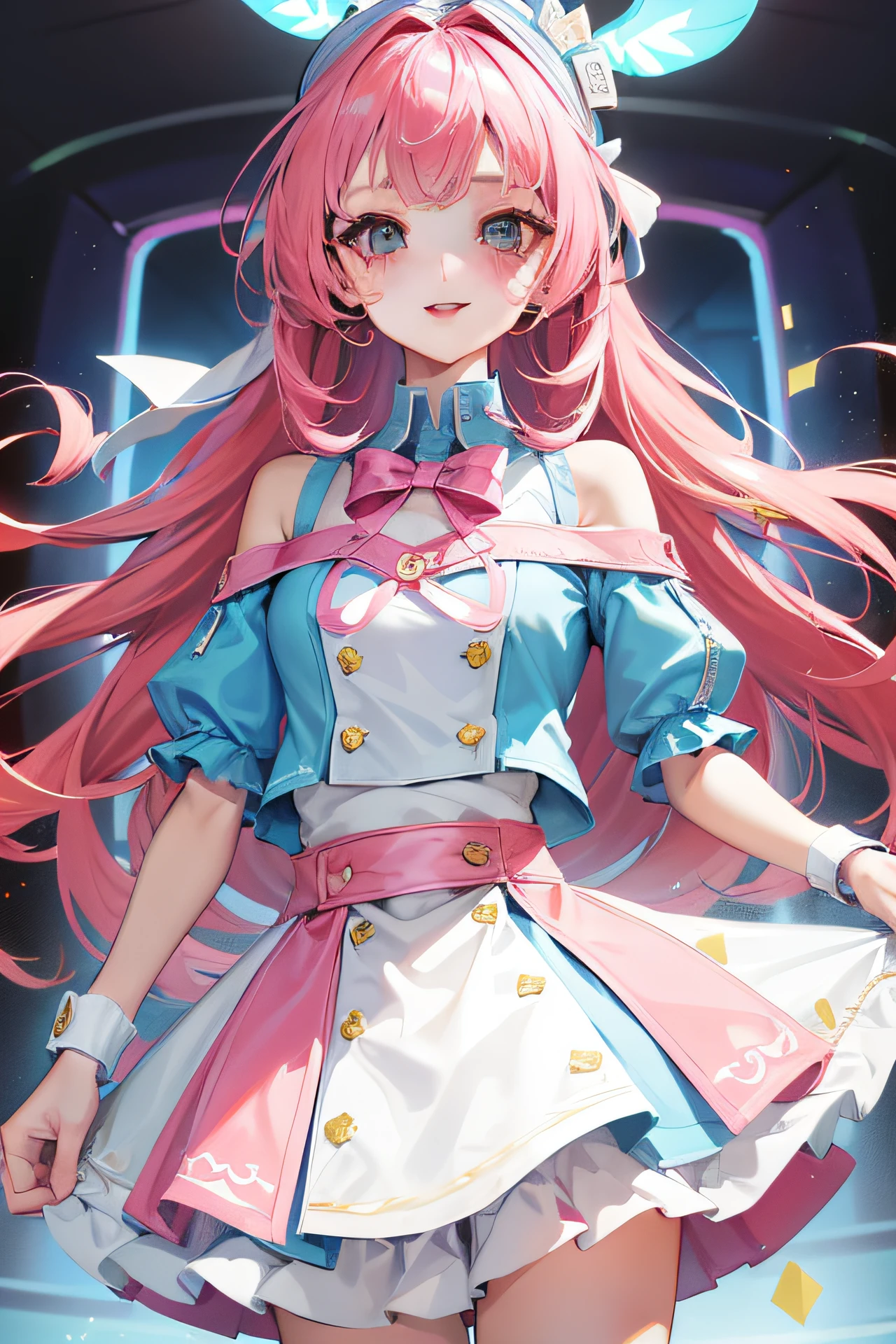 (teens girl,Long hair pink,Strap skirt,Blue and white matching,Beautiful face,ssmile)