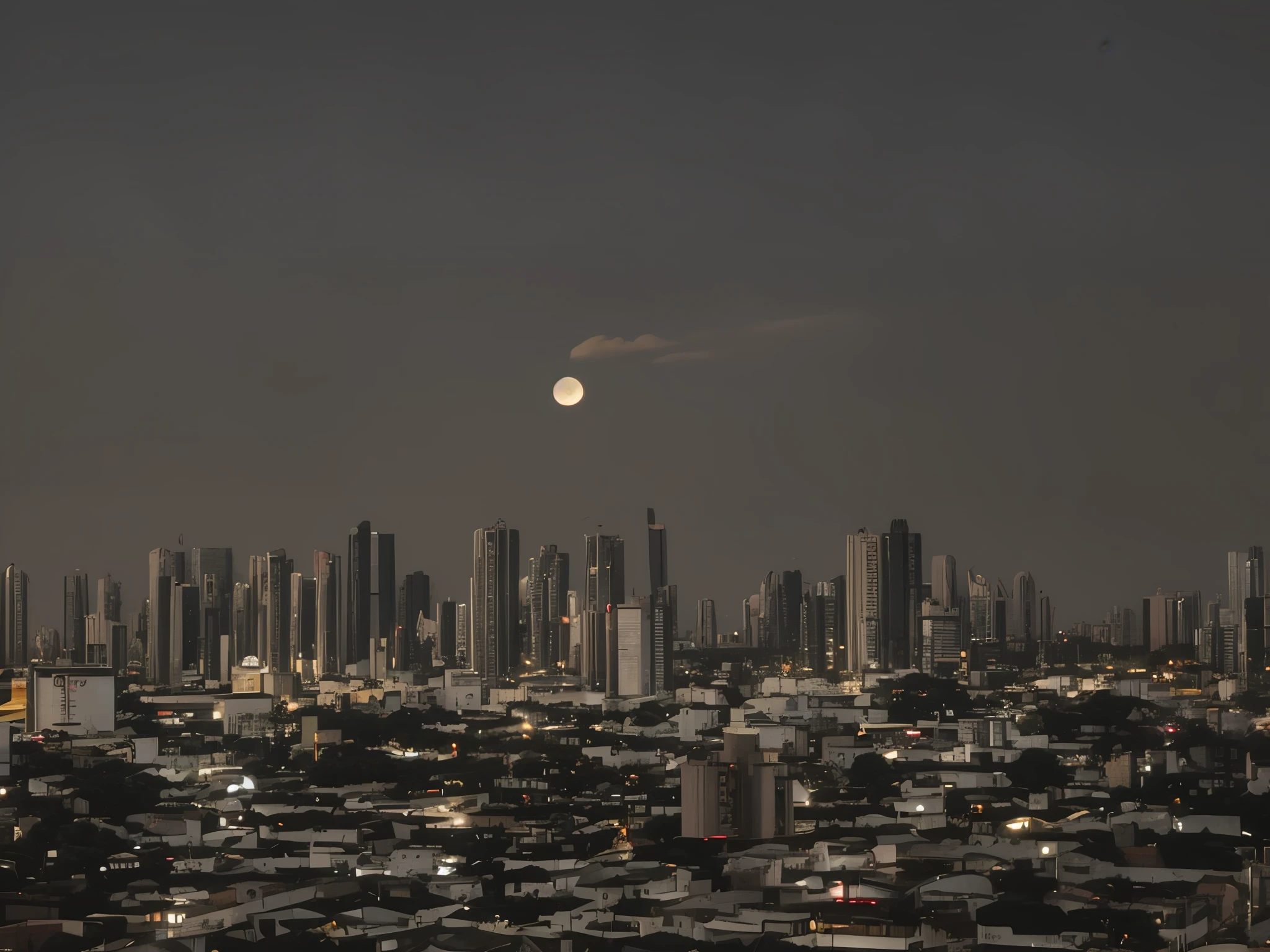 Arafed view of a city at night with a full moon, the moon is big and in the city, futuristic sao paulo, pairando sobre uma cidade, by Amelia Peláez, Directed by: Fernando Gerassi, sao paulo in the year 2 0 7 0, Directed by: Luis Miranda, São Paulo, Cidade em segundo plano, ☁🌪🌙👩🏾, city at night