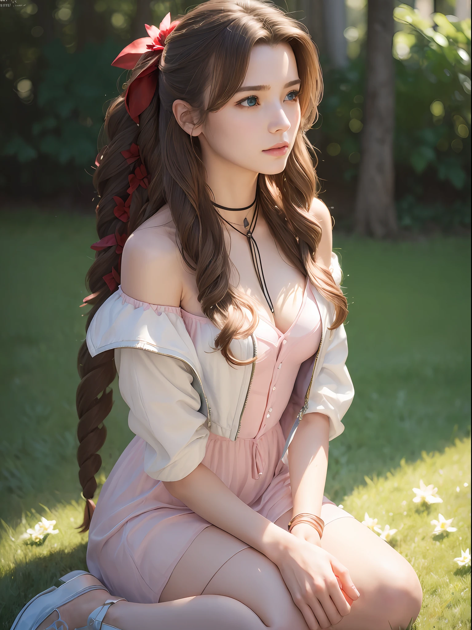 (masterpiece, best quality:1.4), (future days), (sit on the grass), (full of white flowers), (looking at viewer), (1girl), solo, (european youth:1), aerith gainsborough, choker, cropped jacket, hair bow, bracelet, pink dress, brown boots, very long hair, hair ribbons, hair flowers, strapless red dress, high heels hyperrealistic, high detailed skin, dslr, soft lighting, high quality, highly detailed face, highly detailed skin, skin pores, subsurface scattering, realistic pupils, medium breast, full face blush, full lips, detailed background, depth of field, volumetric lighting, sharp focus, absurdres, realistic proportions, good anatomy, (realistic, hyperrealistic:1.4), 16k hdr,