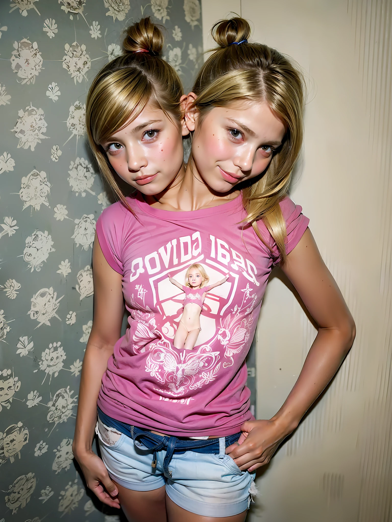2heads, two headed girl, (9 girl:1.5), (female:1.5), (blonde:1.5), (two heads attached to one body:1.4), conjoined twins, heads side by side, one torso, young, arguing, barefoot