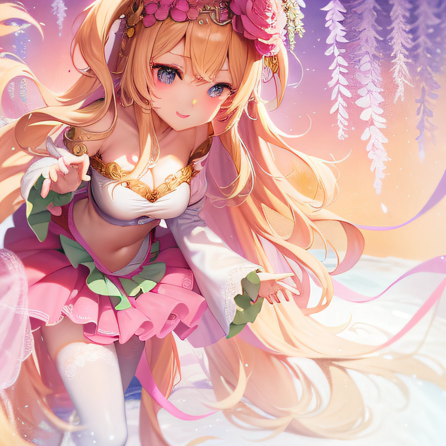 Anime girl with long blonde hair and pink dress holding flowers, Blonde anime girl with long hair, Beautiful anime girl, Anime goddess, pretty anime girl, beautiful fantasy anime, Splash art anime Loli, Anime princess, cute anime waifu in a nice dress, beautiful anime art style, blond-haired princess，Crop topping，Bigboobs，Lori huge breasts cleavage，cleavage，Side breasts，big breasts exposed cleavage