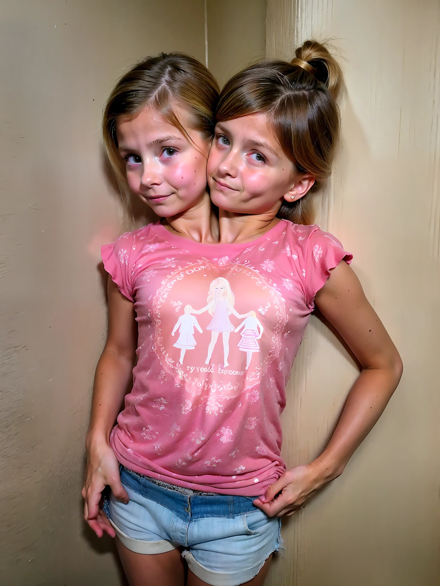 2heads, two headed girl, (9 year old girl:1.5), (female:1.5), (blonde:1.5), (two heads attached to one body:1.4), conjoined twins, heads side by side, one torso, young, arguing, barefoot