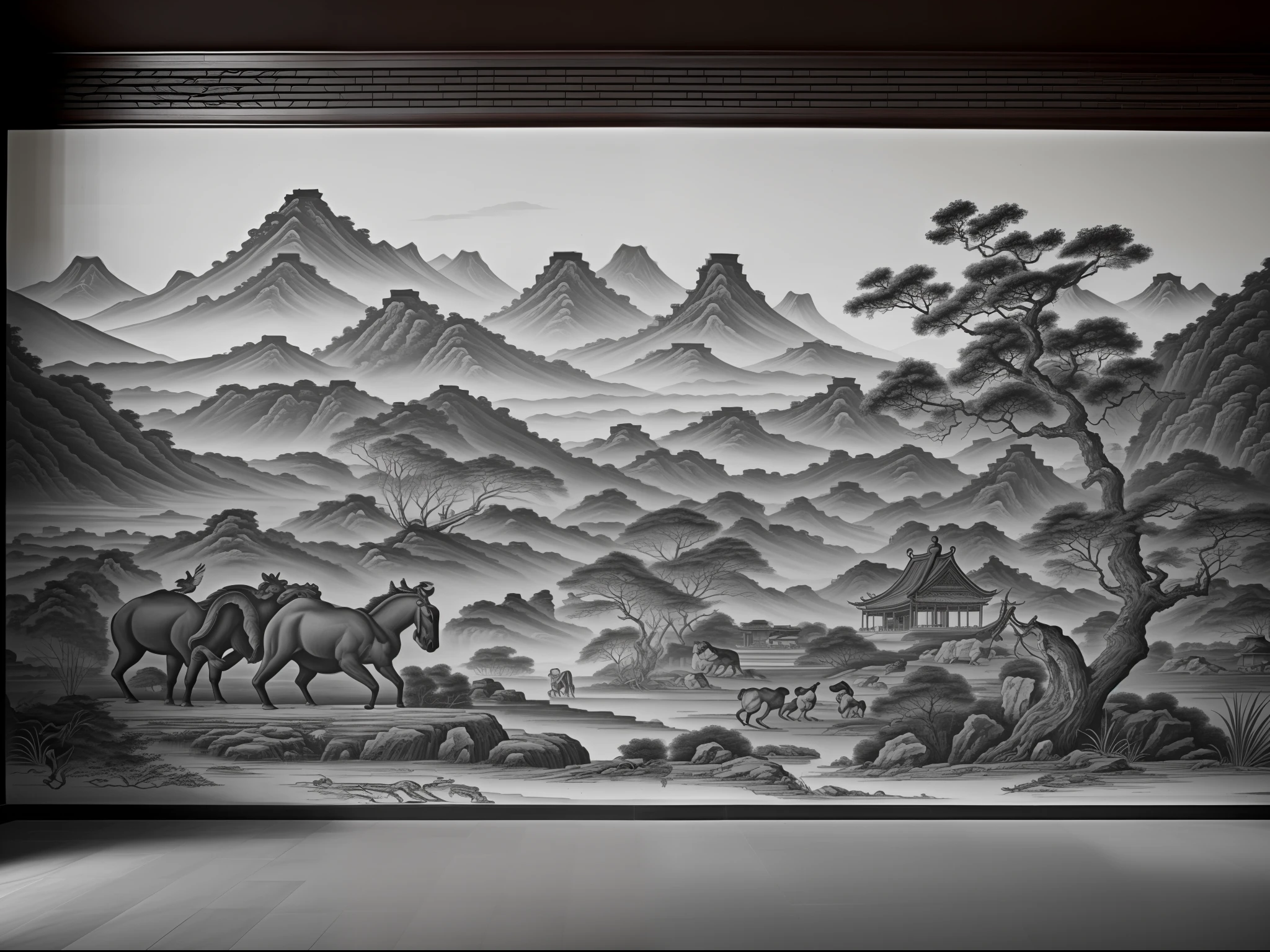 "An enchanting black and white ancient mural showcasing a harmonious tale of nature, wildlife, and humanity, beautifully carved on a fragile and partly broken Chinese-style wall."