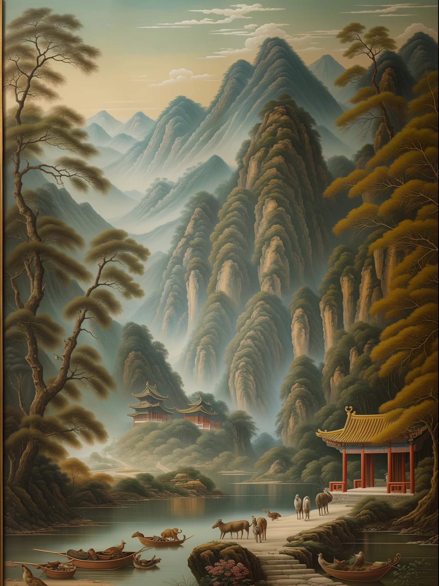 "A mesmerizing Chinese-style oil painting on a weathered ancient mural depicting the beauty of nature and wildlife, with the aged paper revealing a captivating story."