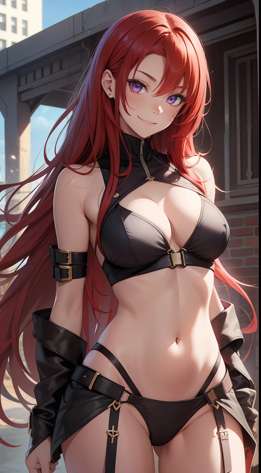 young girl, suntanned skin, Long red hair, violet eyes, open torso, Assassin's Clothes, Smile, Masterpiece, hiquality