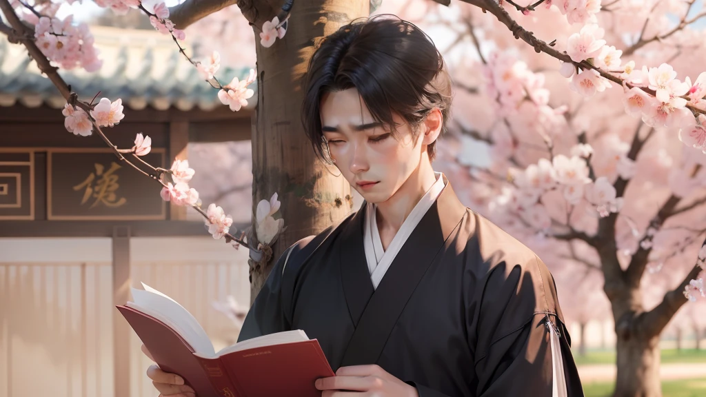 Absurd, High Definition, super detailed, Texture Detail, clear presentation, HD details, detail performance, (1 person: 1.3), handdraw, Simple lines, an 18-year-old man in colorful Hanfu, standing under the peach blossom tree, masutepiece, A clear day, Reading, Reading