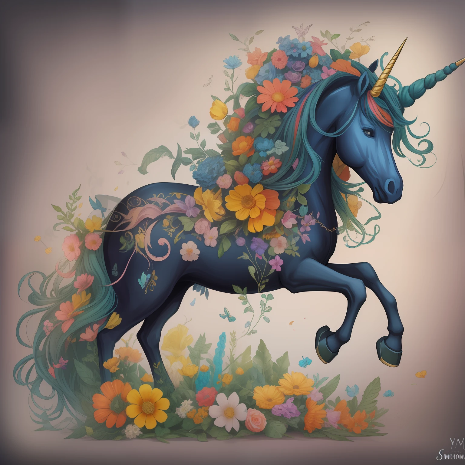 a black unicorn with a colorful mane and flowers on its mane, unicorn, highly detailed magical fantasy, a unicorn, unicorns, mythical whimsical creatures, mytical creature, fantasia altamente detalhada, magical and mystical, genial, unicorn horn, bela fantasia detalhada, blue unicorn, ricamente detalhado colorido, Coloridos!! altamente detalhado, hd illustration, simplesmente lindo, Artistic illustration, magical fantasy