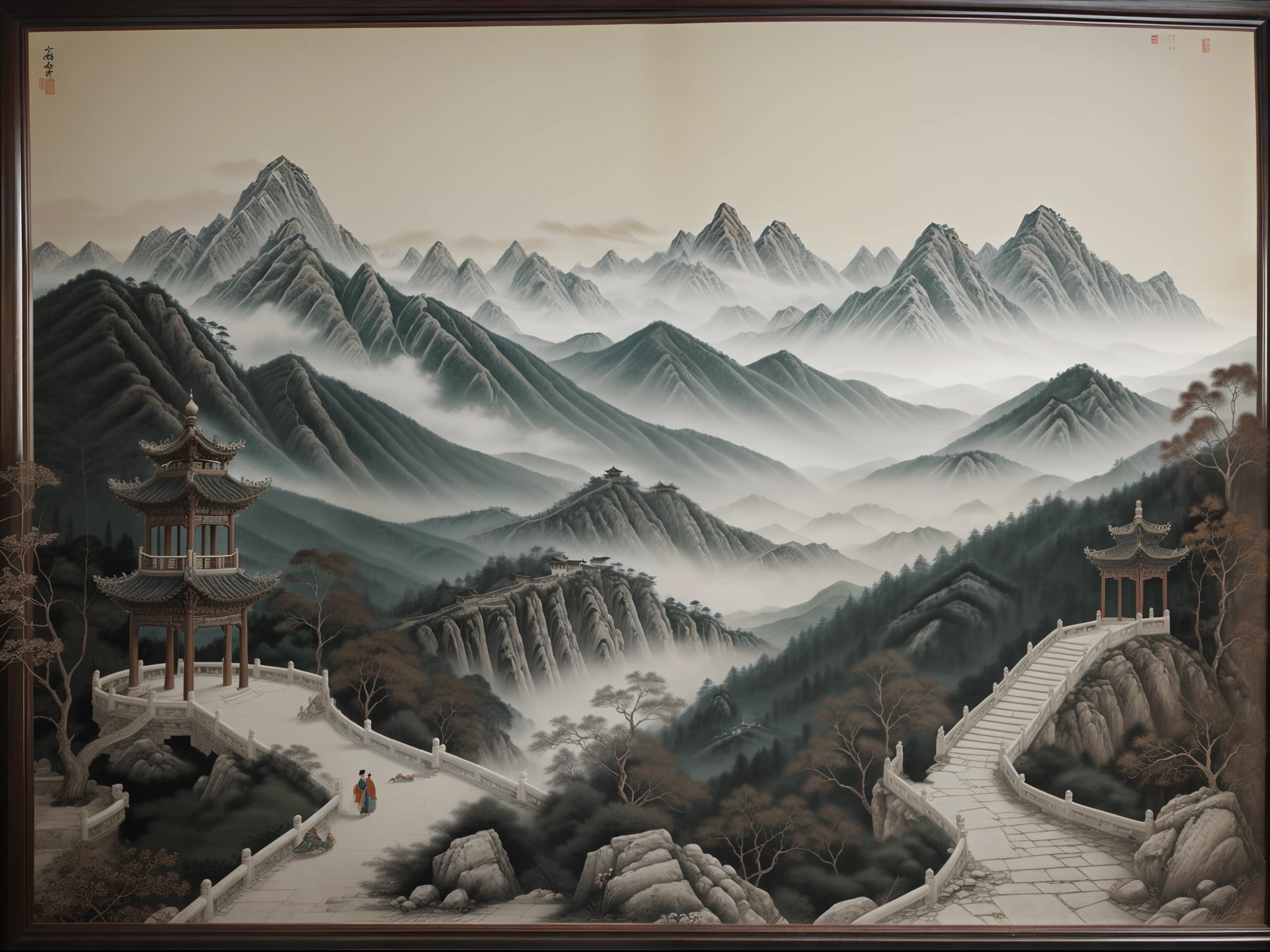 "An enchanting black and white ancient mural showcasing a harmonious tale of nature, mountain, and humanity, beautifully carved on a fragile and partly broken Chinese-style wall."