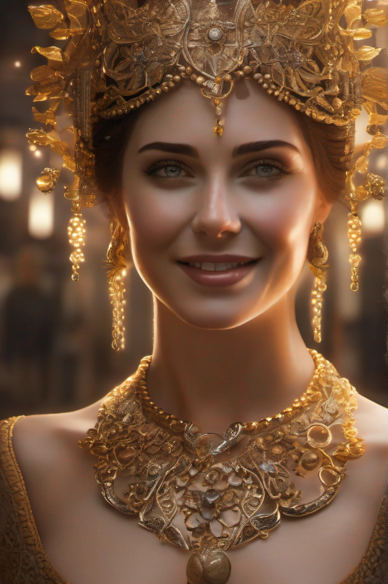 hyper realistic, Ultra detailed photo of a woman, Smiling, golden jewelery, glittering, Fractal Details of Sunlight, Depth of field, HOF, Hall of Fame, detailed gorgeous face, Apocalyptic environment, natural body posture, Professional Photographer, Shot with a professional SLR camera, Trending on ArtStation, ?? thousand., Ultra Detailed, Ultra-precision detail, bokeh lighting, surrealism, Thomas Kincaid's backstory, urban, Ultra Unreal Engine, WLOP, Pauline Voß, Pascal Quidault, , Christian Schob, Martina Fackova, Intricate, Epic, freckles, peach fuzz, Detailed mascara