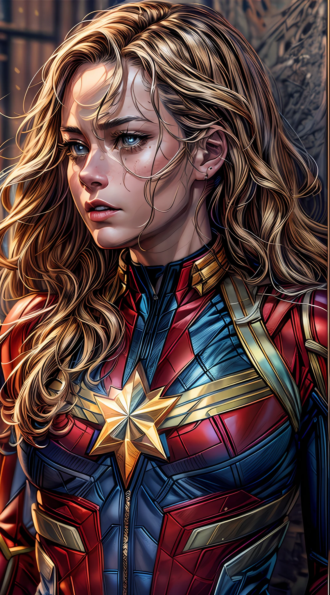 (RAW Photo, Best Quality), (Realistic, Photorealistic Photo: 1.3), Best Quality, Highly Detailed, Masterpiece, Ultra Detailed, Illustration, Marvel cinematic universe, marvel, Brie Larson, Carol Danvers as Captain Marvel, high detailed on costume, background should be epic, perfect look, perfect eyes, upper body, high detail on dress, Best Quality, Extremely Detailed CG Unified 8k Wallpaper, Ink, Amazing, badass look, portrait, close up (skin texture), intricately detailed, fine details, hyperdetailed.