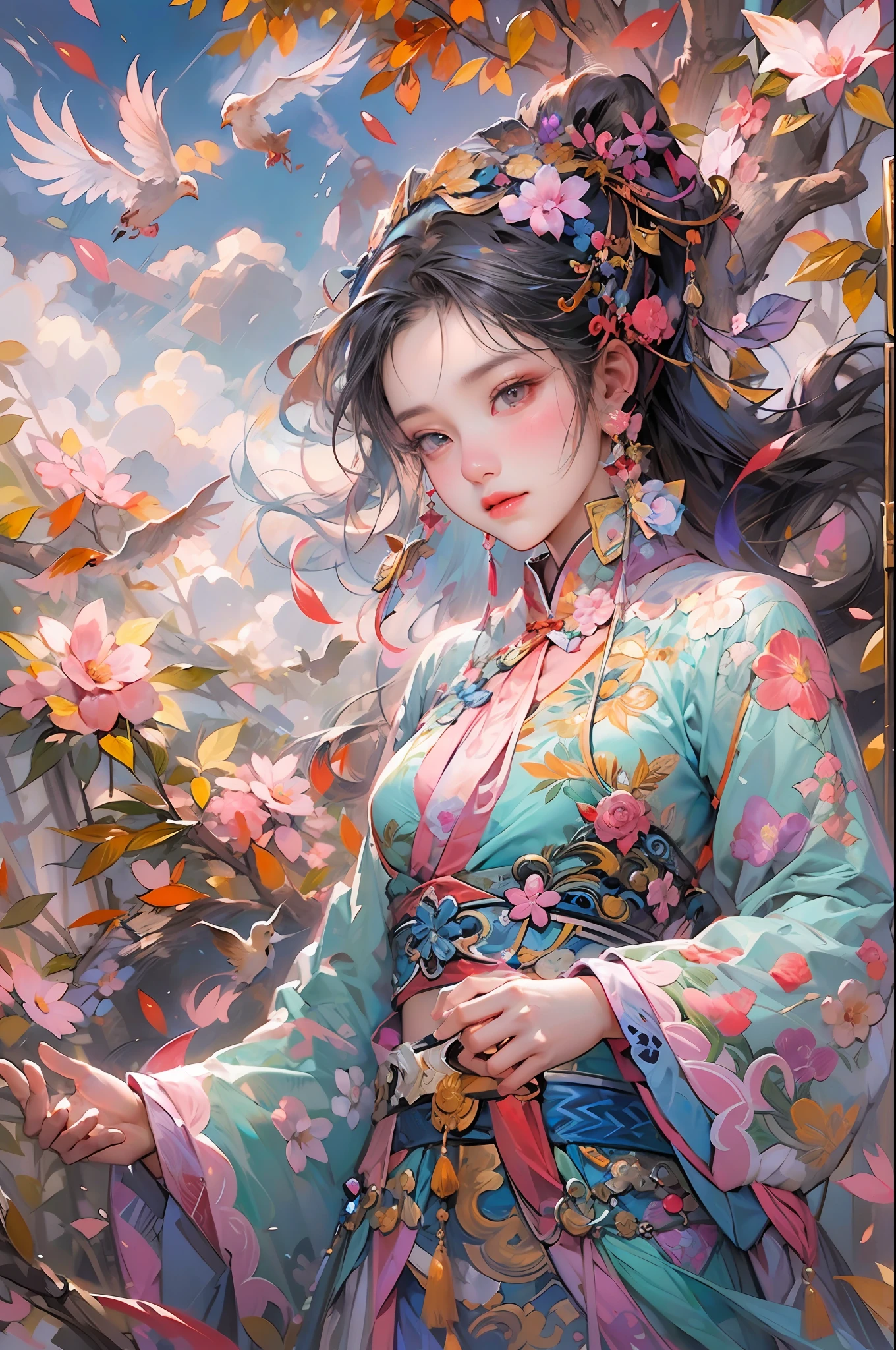 Chinese girl mural,Beautiful eyes,Dance,full bodyesbian,Chinese mythology,flower,Auspicious clouds,tree,Bird,Heterochromatic,rococo,(High quality,Extremely detailed,8K:1.5)