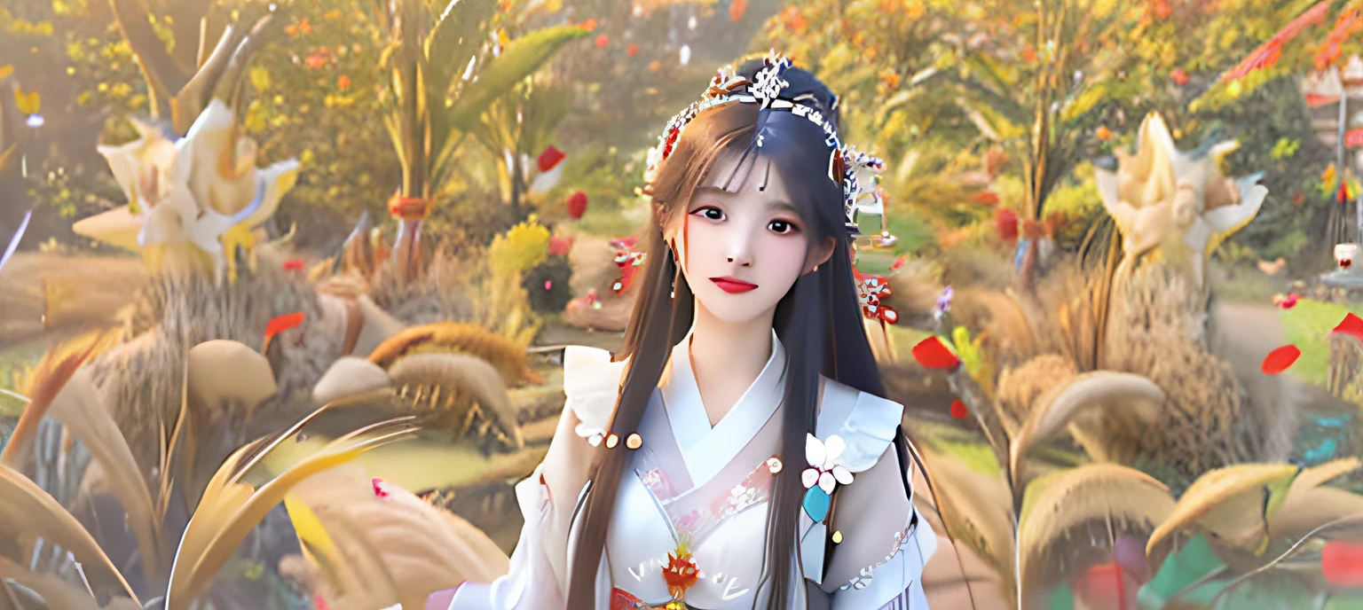 In the flower field there is a woman with long hair and a white dress, the goddess of autumn harvest, a beautiful fantasy empress,Eye symmetry, autumnal empress, goddess of autumn, ((a beautiful fantasy empress)), Inspired by Lan Ying, inspired by Luo Mu, inspired by Du Qiong, Inspired by Huang Ji, inspired by Wu Li, Inspired by Ai Xuan