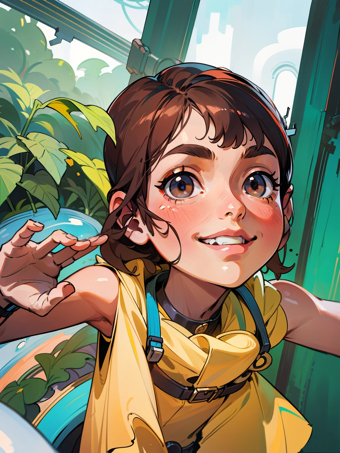 ((best qualtiy,8K,tmasterpiece:1.3)), adolable,bit girl, ssmile, Slim Faces,, (dark brown hair), Super detailed face, Detailed eyes, Single Eyelids, blur backgroun, Slim Faces,Black colored eyes