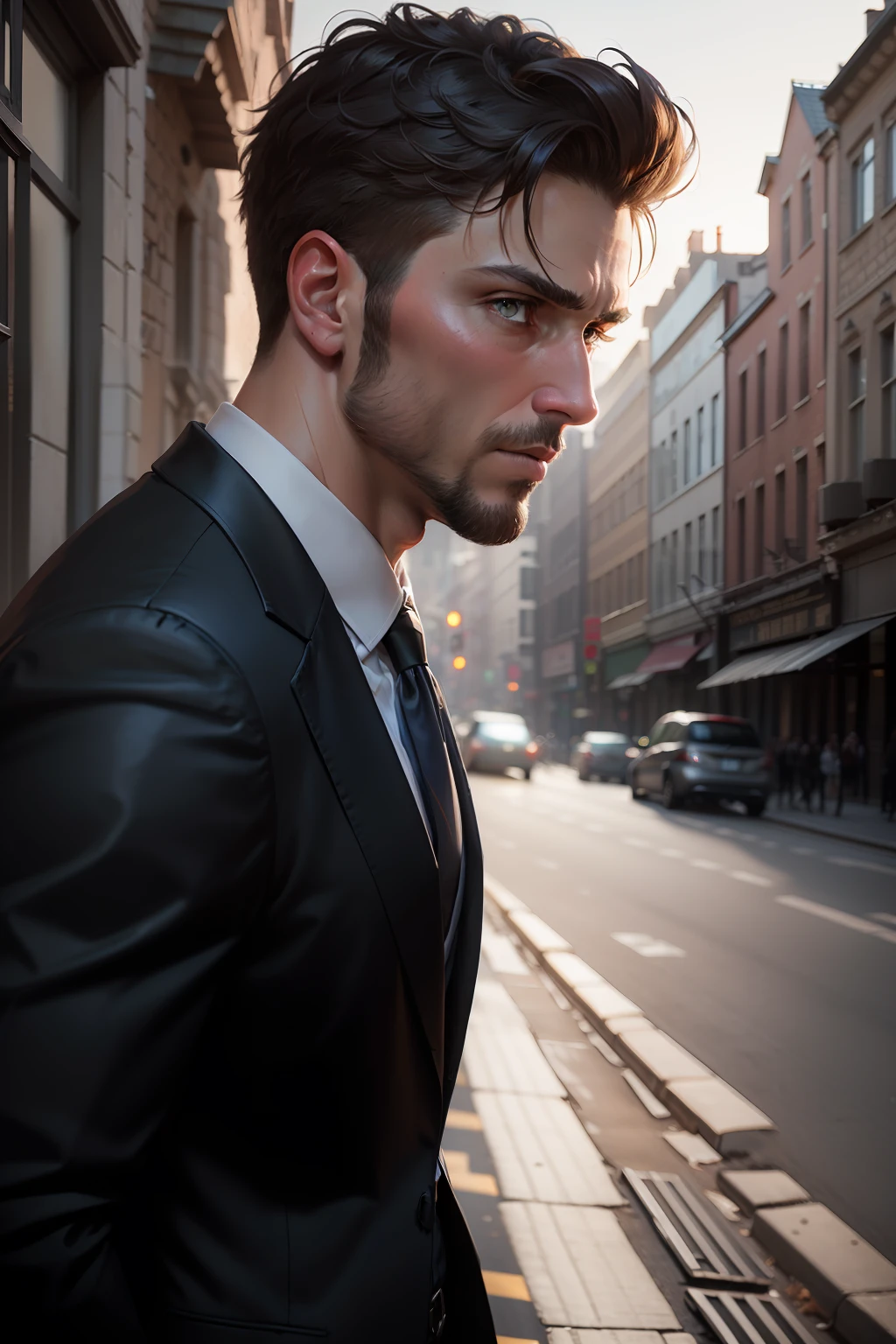 The man's name was Pulisic,He was walking on the road,(Masterpiece,Best quality: 1.2),Arafeld man in suit and tie, high quality portrait, headshot profile picture, Rendu portrait 8k, Solid Backgroud, maxwell render, professional portrait hd, well-groomed model, Professional big back,Dramatic, photorealistic painting art by midjourney and greg rutkowski,epic and classy portrait