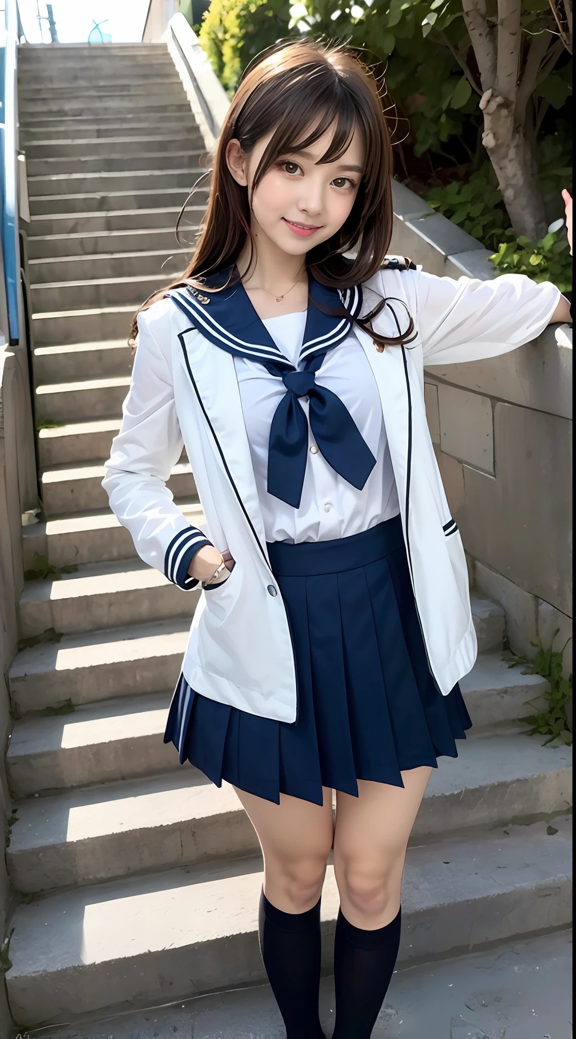 Woman in sailor suit posing on stairs in front of graffiti wall, Anime girl cosplay, Anime Cosplay, Japan school uniform, loose coat collar sailor uniform, magical school student uniform, Sailor Uniform, japanese girl school uniform, Ayaka Cosplay, real life anime girl, Cosplay, lolish, JK Uniform, Seifuku, magic school uniform