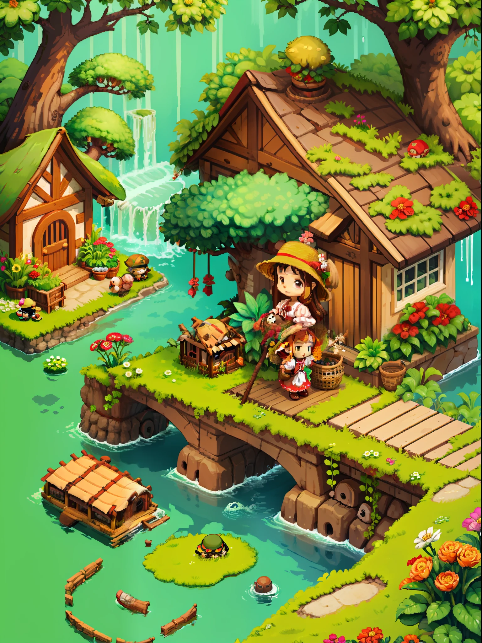 （Pixel art：1.4），Q version《*********** with teddy bear》，Straw Hat Hat，basket，Floral dress，Little red leather shoes，The tree，river water，Flowers and plants，（Mushroom hut：1.2），Cogumelos