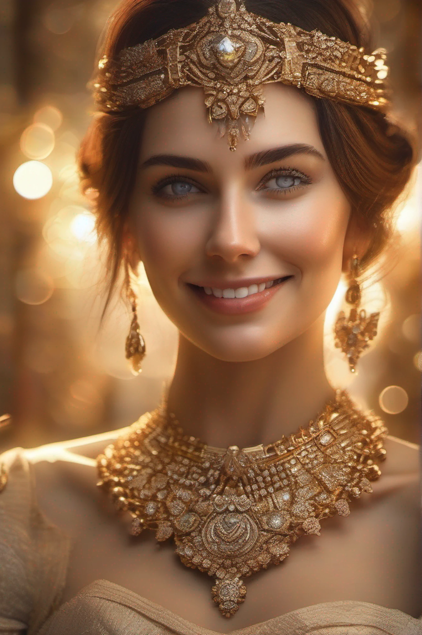 hyper realistic, Ultra detailed photo of a woman, Smiling, golden jewelery, glittering, Fractal Details of Sunlight, Depth of field, HOF, Hall of Fame, detailed gorgeous face, Apocalyptic environment, natural body posture, Professional Photographer, Shot with a professional SLR camera, Trending on ArtStation, 64 thousand., Ultra Detailed, Ultra-precision detail, bokeh lighting, surrealism, Thomas Kincaid's backstory, urban, Ultra Unreal Engine, WLOP, Pauline Voß, Pascal Quidault, , Christian Schob, Martina Fackova, Intricate, Epic, freckles, peach fuzz, Detailed mascara