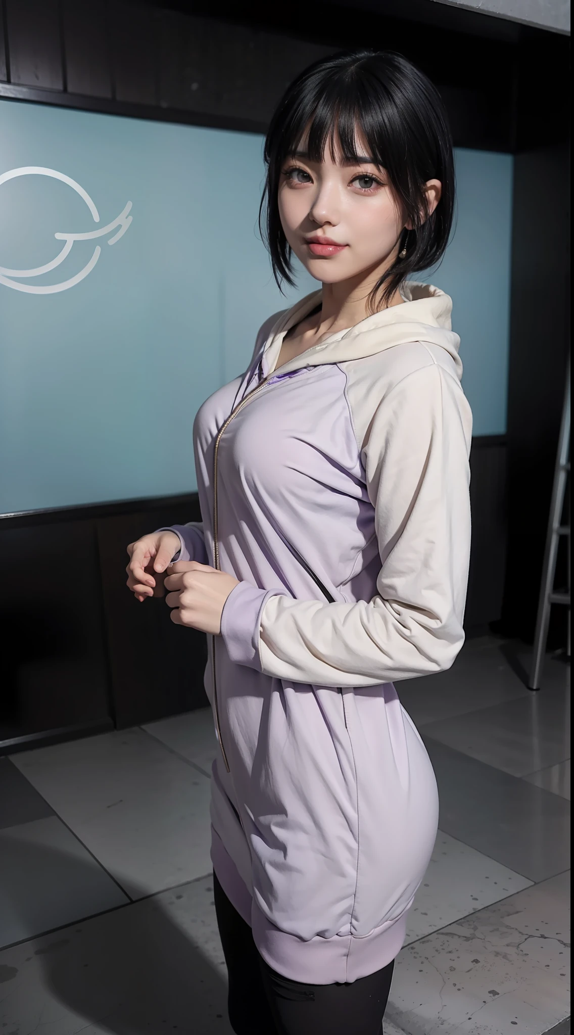 hyuga hinata from boruto anime, black hair, short hair, bangs, perfect body, beautiful, beautiful girl, slightly smile, wearing a light purple hoodie, standing, full body, perfect body, looking at the viewer.