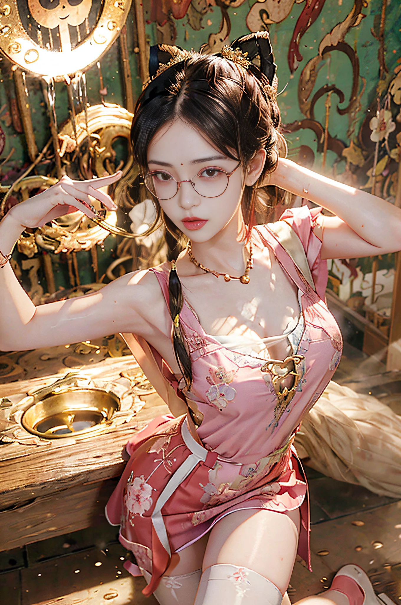 Hyper-realistic), (illustratio), (A high resolution), (32K), (extremely higly detailed), (Most Best Illustration), (美丽细致的眼睛), (best qualtiy), (ultra - detailed), (tmasterpiece), ( wallpaper), (Detailed and delicate face), 独奏,peeing self,Pee on the legs,Surrounded by other people,Highly Detailed Face and Skin Textur,Detailed eyes,二重まぶた,The ball with a hairpin twisted braid,Wear large-framed glasses,Wearing pink tulip fairy, sweet pure lust lace print embroidery to see through the outfit,Wearing cat ears,Split your legs and kneel on both knees,Nervously bow your head,is shy,Embarrassed provocation and shock,Standing with legs open,On the floor of a dry men's toilet,A small pool of her own urine was forming around her feet, Very desperate to pee, urinating, Wet yourself, Urine discharge, streaming tears, dreads, be desperate, panicking, high detal,Dance ballet with a big belly that is pregnant in October,Wear ballet shoes,(dynamicposes),1 rapariga, On the toilet bowl in the bathroom,White wavy hair, korean people, heterochromatic eyes, small mole under eyes, ((aprons)), Bigchest, Long legs, Tightens abs,Wear gold and silver jewelry,(Camel toes),(fishnet stockings),(pantyless),(no bra),Brustwarzen ,Big breasts, Giant breast milk, belly-bar, Purple eyes, Red glasses, Superskirt,, Shirt lifting, No bra, Pantyne