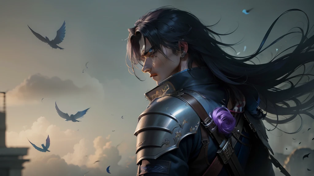 Blue-violet style, Scabbard on the back, hair messy, broken hair, Long hair, Knight Road, Very beautiful cyberpunk digital artwork, Male Focus, Handsome, Heroic and cheeky, beautiful man, Wearing a blue and white kimono, Holding a long sword on his shoulder, Chivalric style, High-quality detail, Blurry background and soft light pull apart, Middle-side photography, Middle Side Perspective, Pattern decorations and accessories, Broken and flying flowers, Thick fog around, Very exquisite change of light and shadow. Anime-style 4k wallpapers.