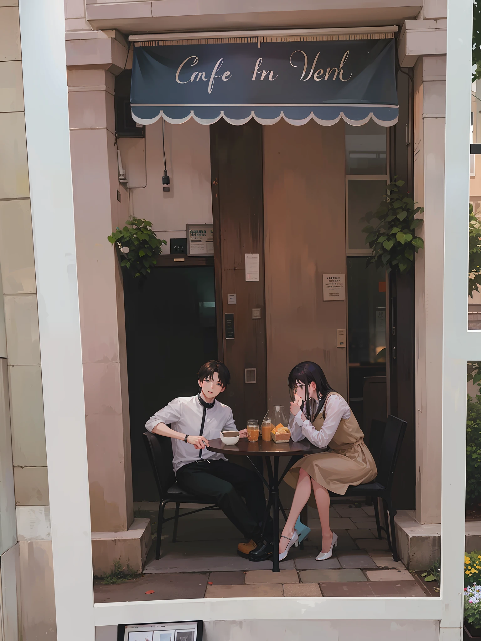 There are two photographs of a man and a woman sitting at a table, low quality photo, sitting in a café, photo 35mm, low quality photo, in a sidewalk cafe, 35mm shot, taken with kodak portra, film photo, shot on leica sl2, two models in the frame, 35mm color photo
