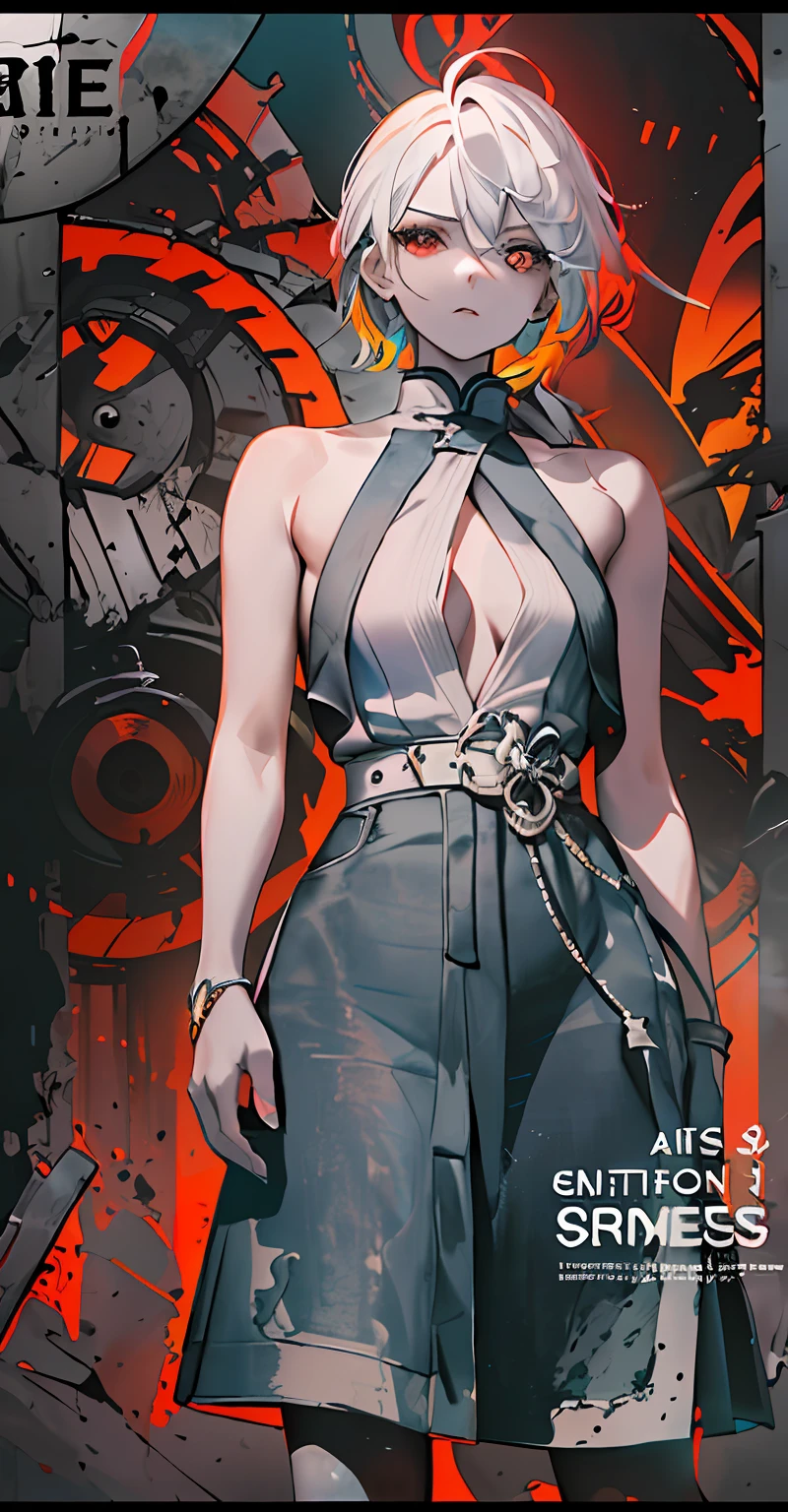 ((((Dramatic))), (((grittiness))), (((Intense))) The movie poster features a young woman as the central character。She stands confidently in the center of the poster,Dress in fashion-forward clothing,with a determined expression on her face。The background is dark and gritty,There is a sense of danger and a strong feeling。The text is bold and eye-catching,With catchy slogans,Adds to the overall drama and excitement。The color palette is dominated by dark colors,Dotted with bright colors,The protagonist is mainly a girl with white hair and red eyes,Make the poster dynamic and visually striking,tachi-e (Magazines:1.3), (Cover-style:1.3), Fashionab, woman, vibrant, Outfit, posing on a, Front,rich colourful,dyna,Background with,element in,self-assured,Expressing the,halter,statement,Attachment,A majestic,coil,Runt,Touching pubic area,Scenes,text,Cover of a,boldness,attention-grabbing,titles,Fashionab,typeface,Catchy,titles,more big,Smart、moderno、Trendy、focus-on、Fashionab、