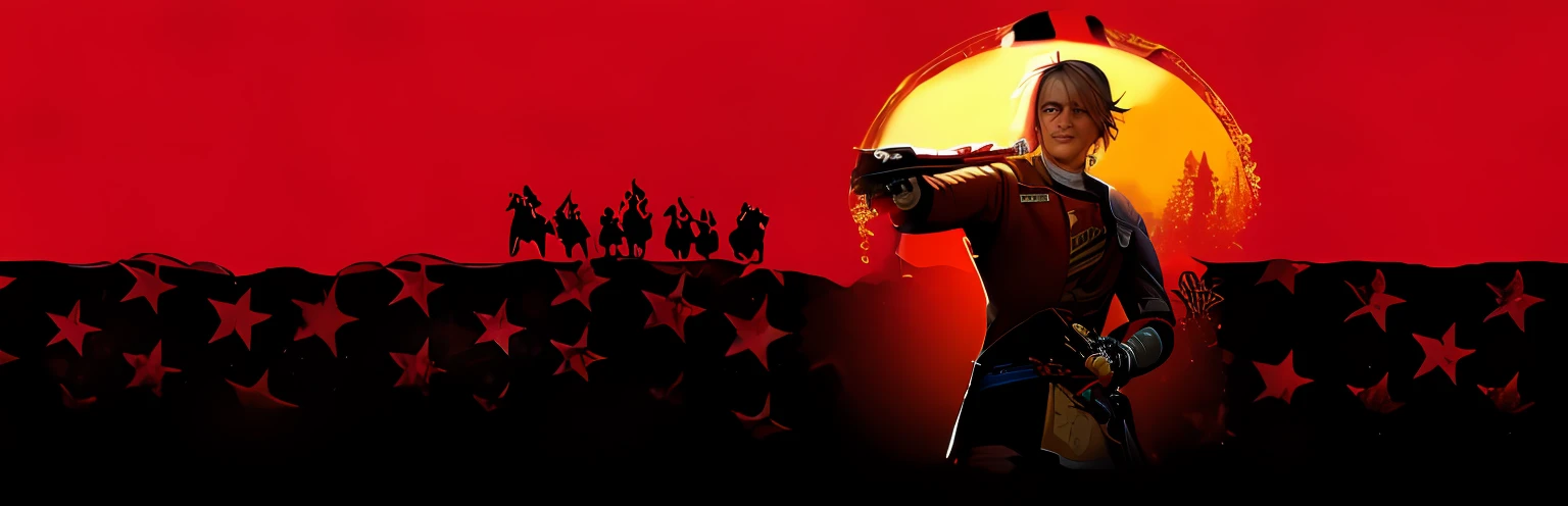 Close-up of a man holding a gun in front of a crowd, RDR2, red dead redemption2, Red Dead Redemption 2, [ red dead ], Red Dead Redemption, Show on the《Red Dead Redemption》In Indemnity 2, rdr 2 mod, dead redemption, Show on the《Red Dead Redemption：Redemption 2》Curly, Red Dead Redemption art style, rockstar games art, Arthur Morgan，girls，Genshin style，Genshin impact，super high image quality，Fine face，the setting sun，There were several people in the distance