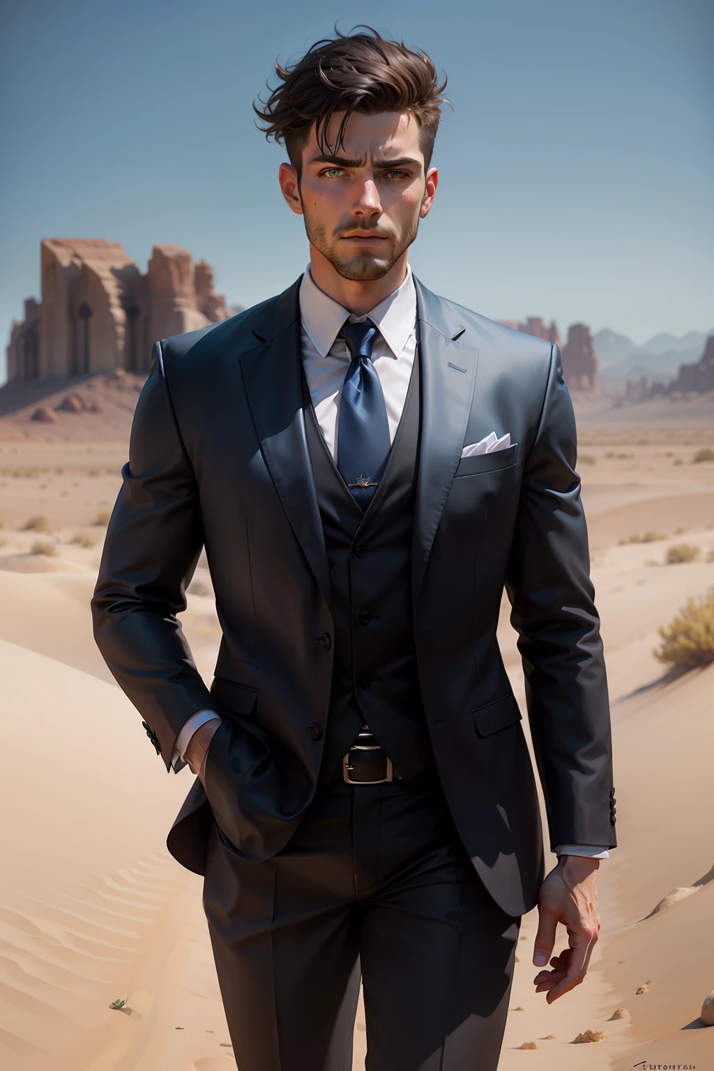 The man's name was Pulisic,He was walking in the desert,(Masterpiece,Best quality: 1.2),Arafeld man in suit and tie, high quality portrait, headshot profile picture, Rendu portrait 8k, Solid Backgroud, maxwell render, professional portrait hd, well-groomed model, Professional big back,Dramatic, photorealistic painting art by midjourney and greg rutkowski,epic and classy portrait