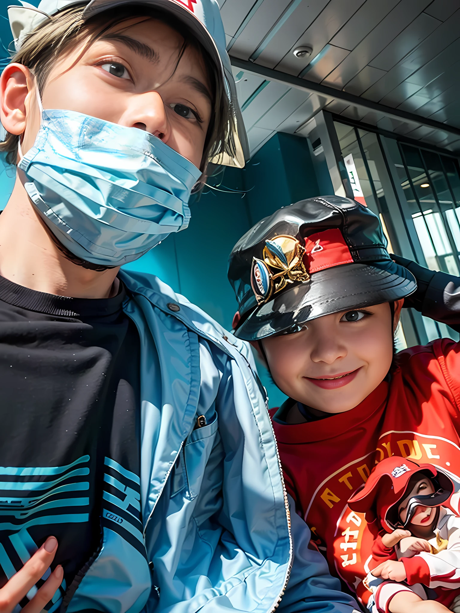 there is a man and a boy wearing masks and hats, with a kid, taken on iphone 1 3 pro, kid, captured on iphone, taken on iphone 14 pro, iphone capture, shot on iphone 1 3 pro max, selfie, shot on iphone 1 3 pro, high quality upload