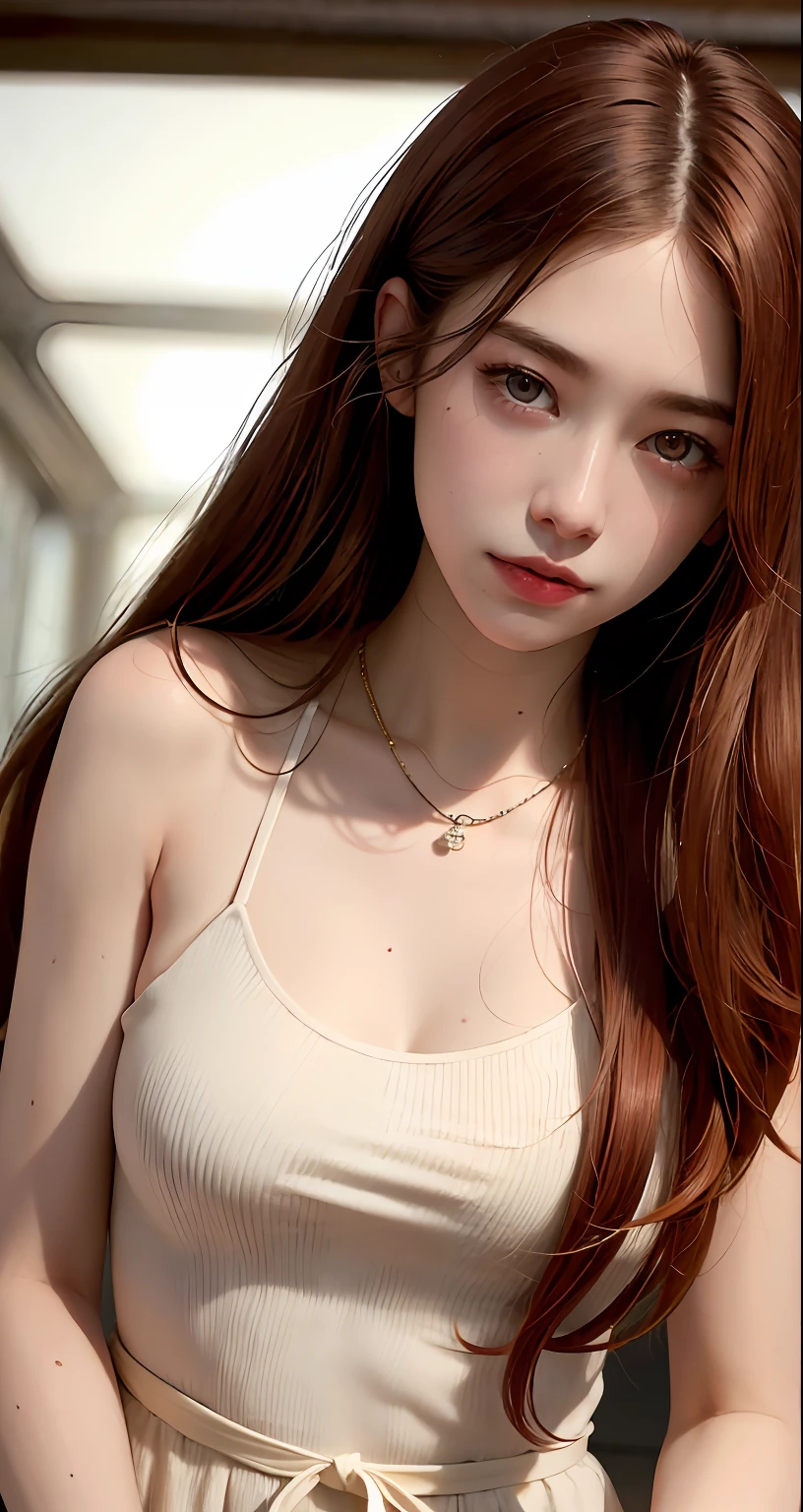 8k, RAW Photography, portlate, top-quality, 超A high resolution, Photorealsitic, 1人, full bodyesbian, upper legs, redhair, 耳Nipple Ring, a necklace, Bolides, a smile, eye lashes, 电影灯光, depth of fields, lensflare、